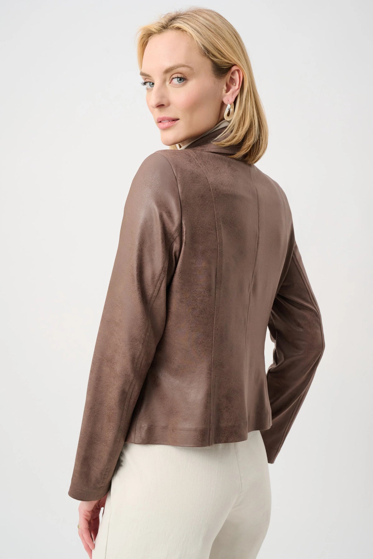 Joseph Ribkoff Foiled Fitted Moto Jacket in Mink, style 263908 shown from the back