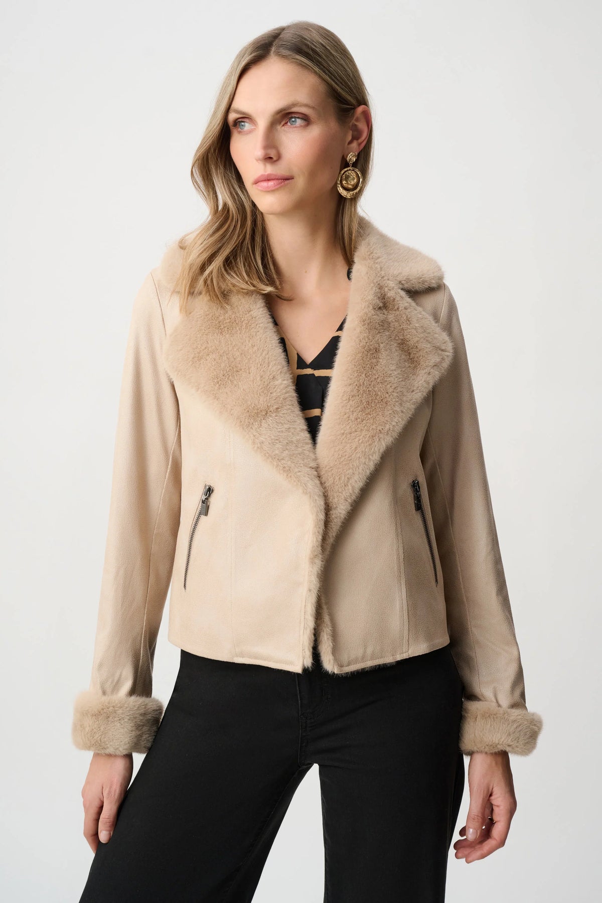 Joseph Ribkoff Faux Fur Trim Moto Jacket in Soft Taupe, style 263909 front view