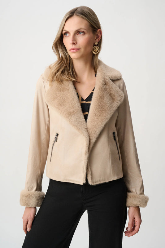 Joseph Ribkoff Faux Fur Trim Moto Jacket in Soft Taupe, style 263909 front view