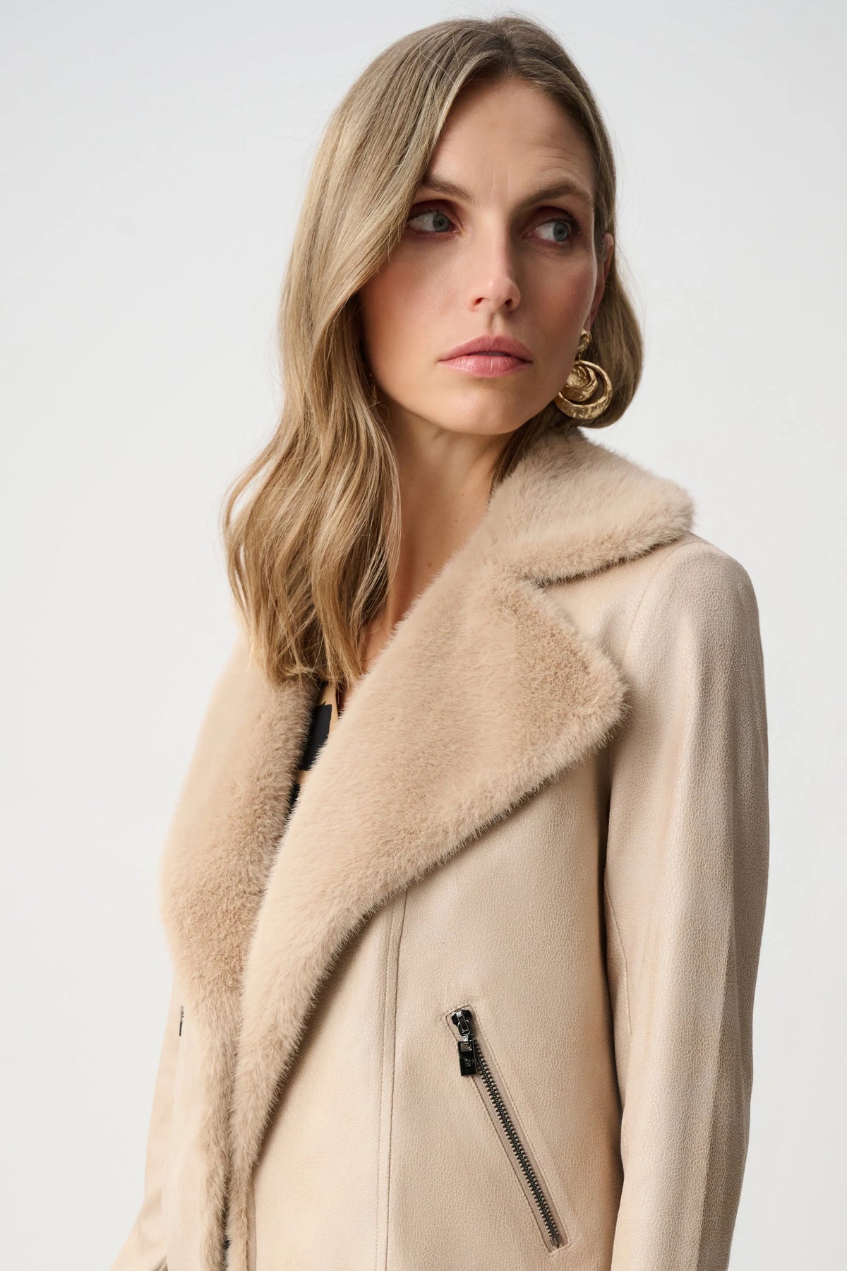 Close-up of collar and fastening details on Joseph Ribkoff Faux Fur Trim Moto Jacket in Soft Taupe, style 263909