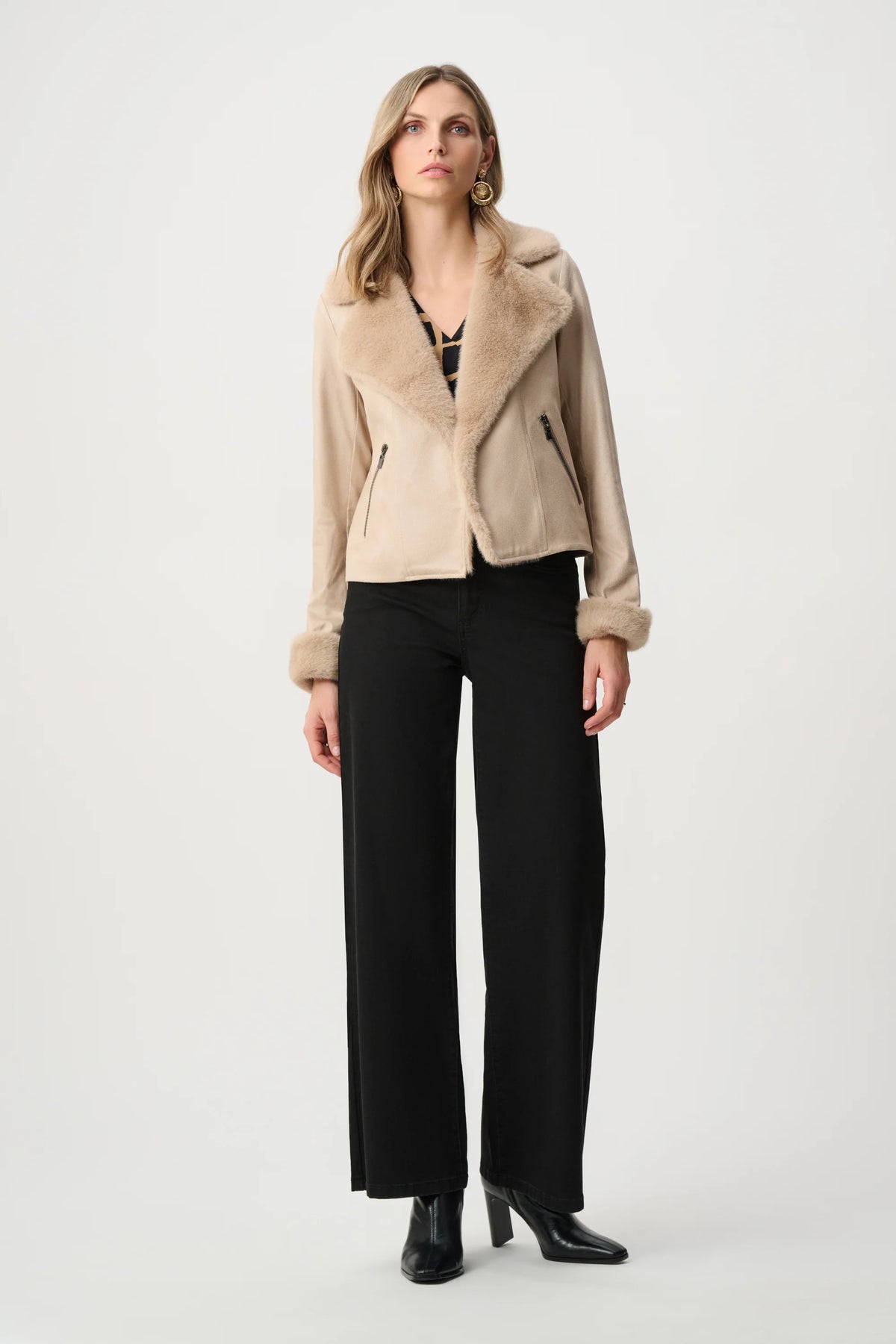 Full-length styled outfit featuring Joseph Ribkoff Faux Fur Trim Moto Jacket in Soft Taupe, style 263909