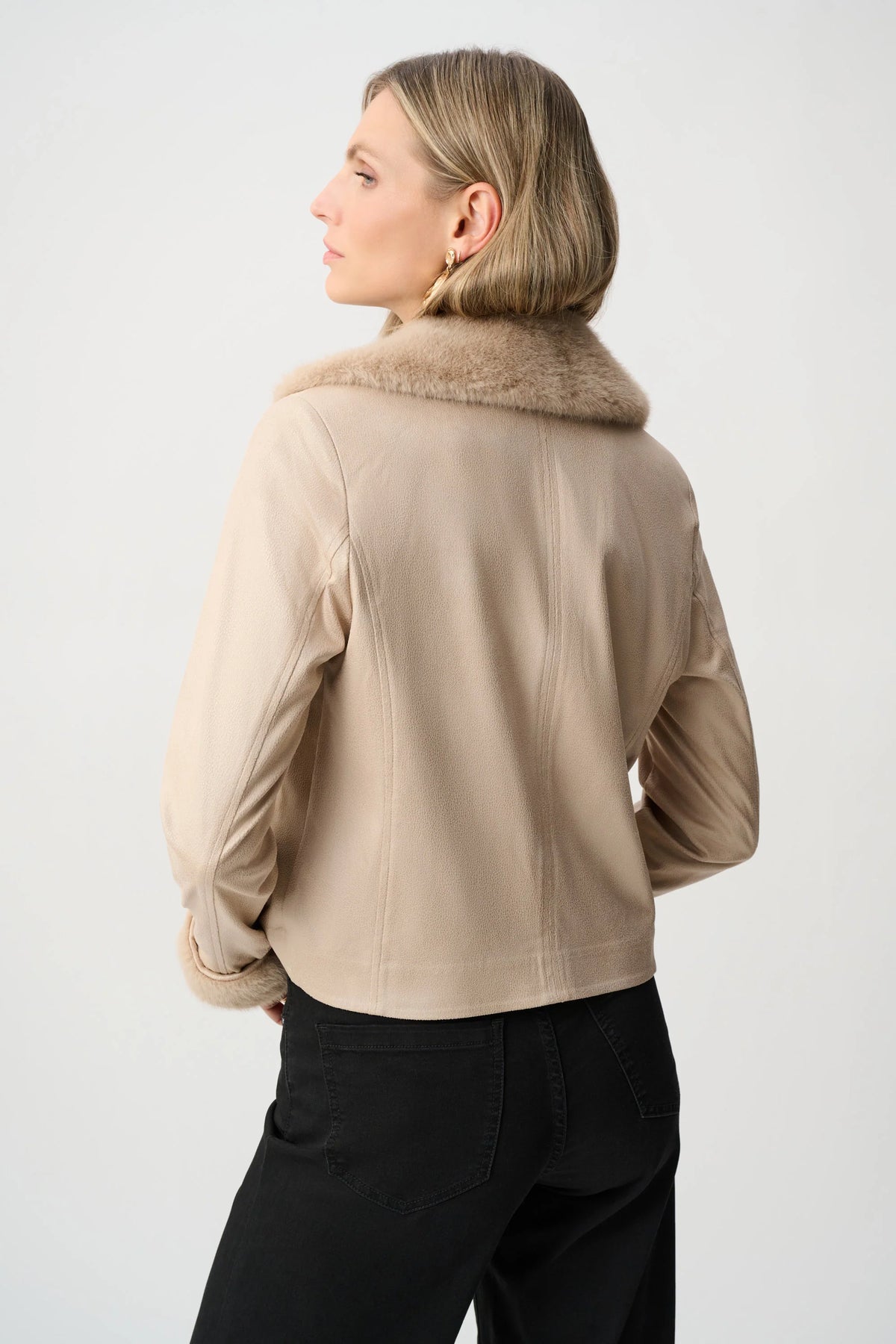 Joseph Ribkoff Faux Fur Trim Moto Jacket in Soft Taupe, style 263909 back view