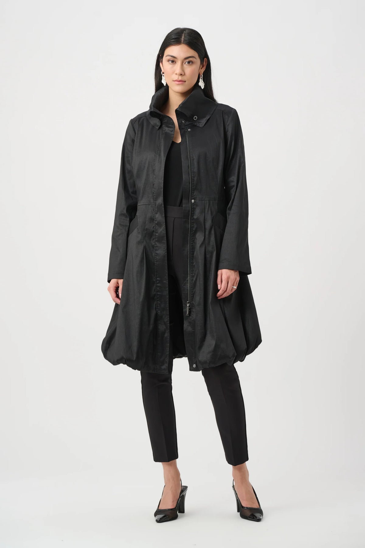 Joseph Ribkoff Stretch Taffeta Belted Fit & Flare Balloon Coat in Black, style 263911 front view