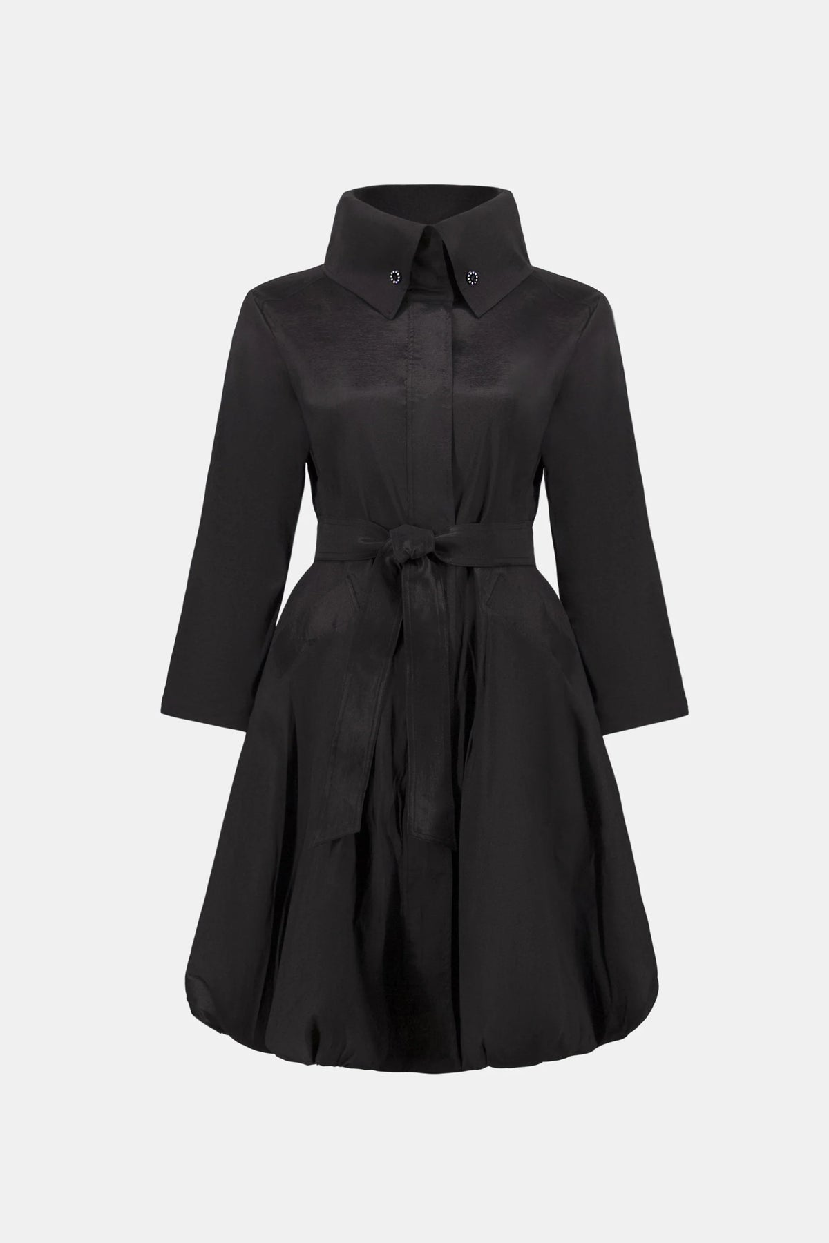 Product-only view of Joseph Ribkoff Stretch Taffeta Belted Fit & Flare Balloon Coat in Black, style 263911