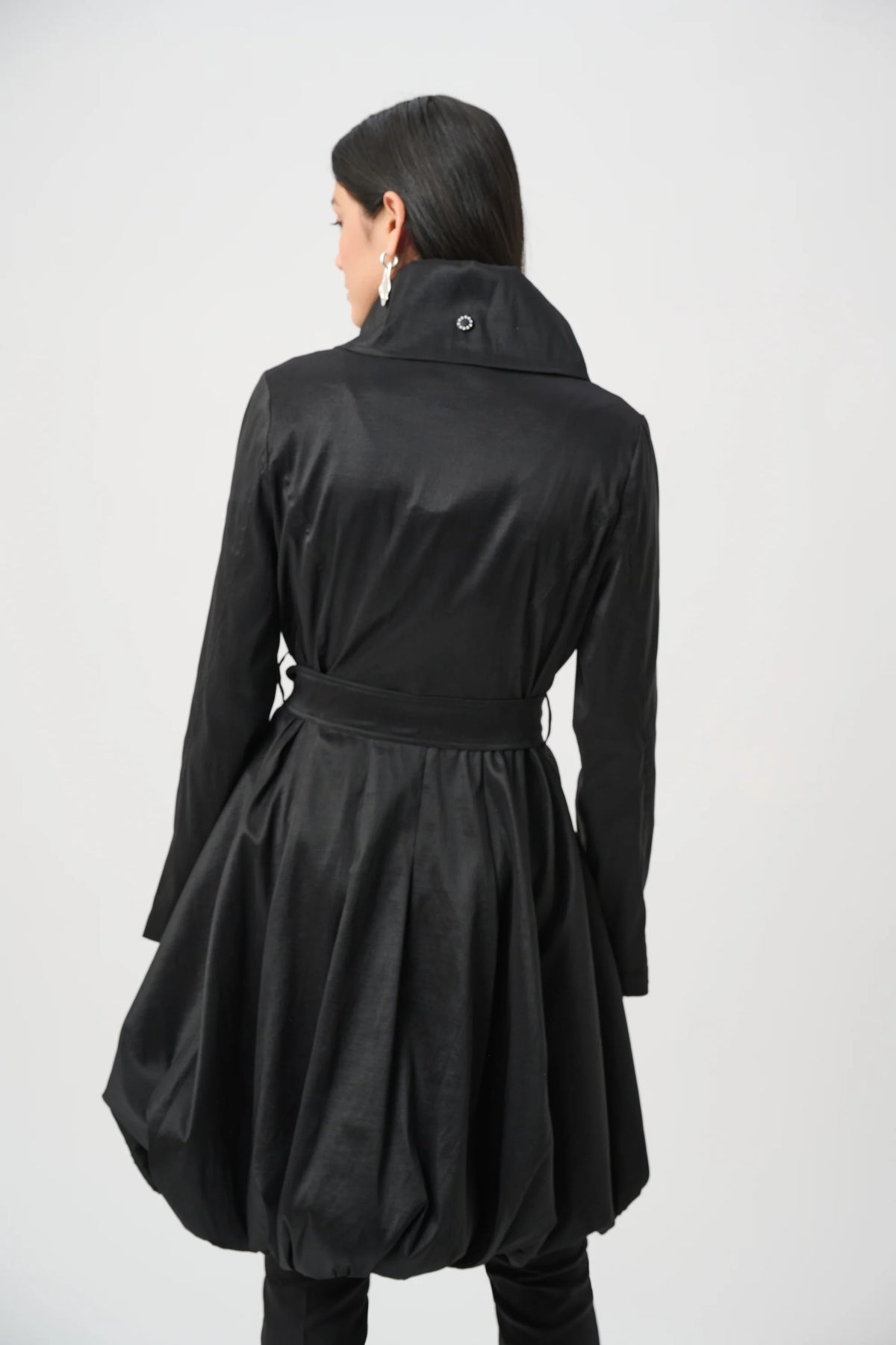 Joseph Ribkoff Stretch Taffeta Belted Fit & Flare Balloon Coat in Black, style 263911 back view full