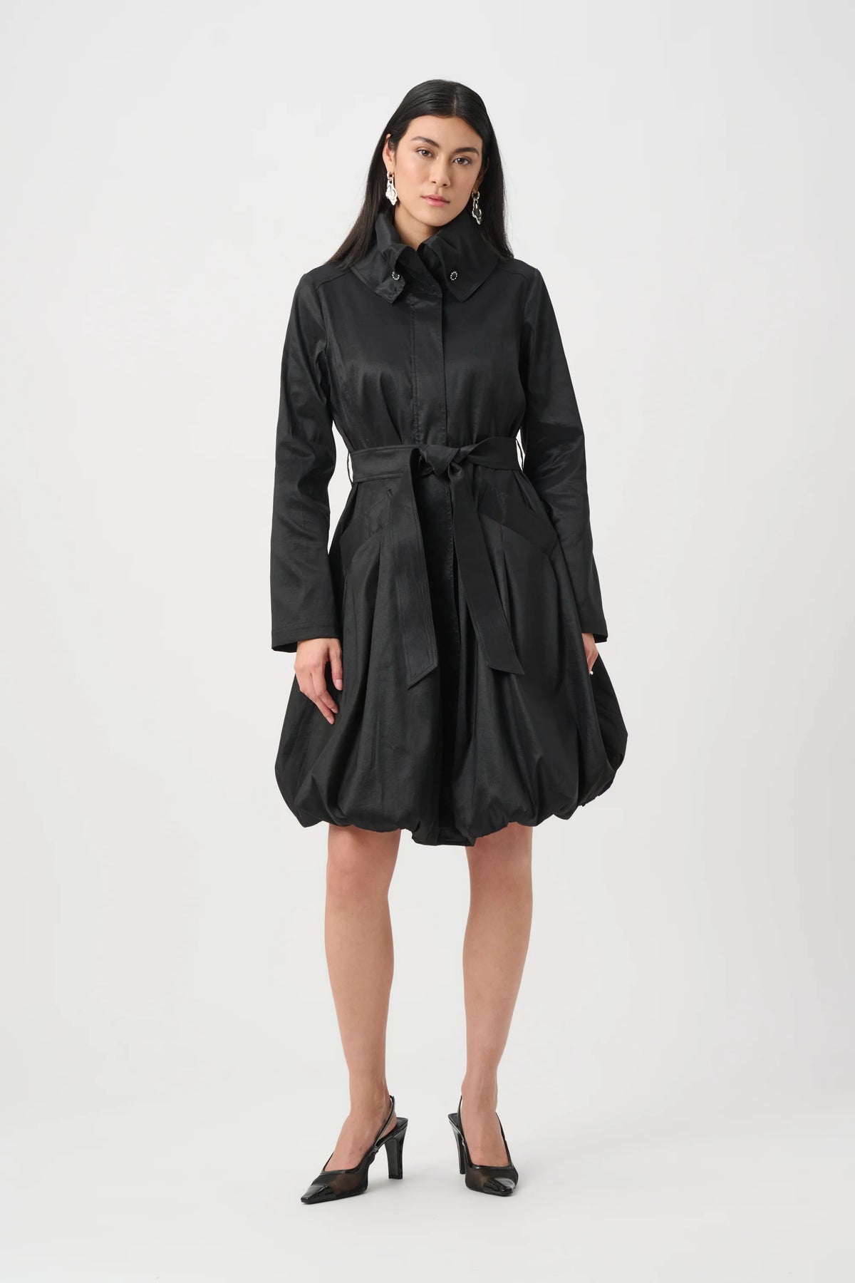 Full-length styled outfit featuring Joseph Ribkoff Stretch Taffeta Belted Fit & Flare Balloon Coat in Black, style 263911