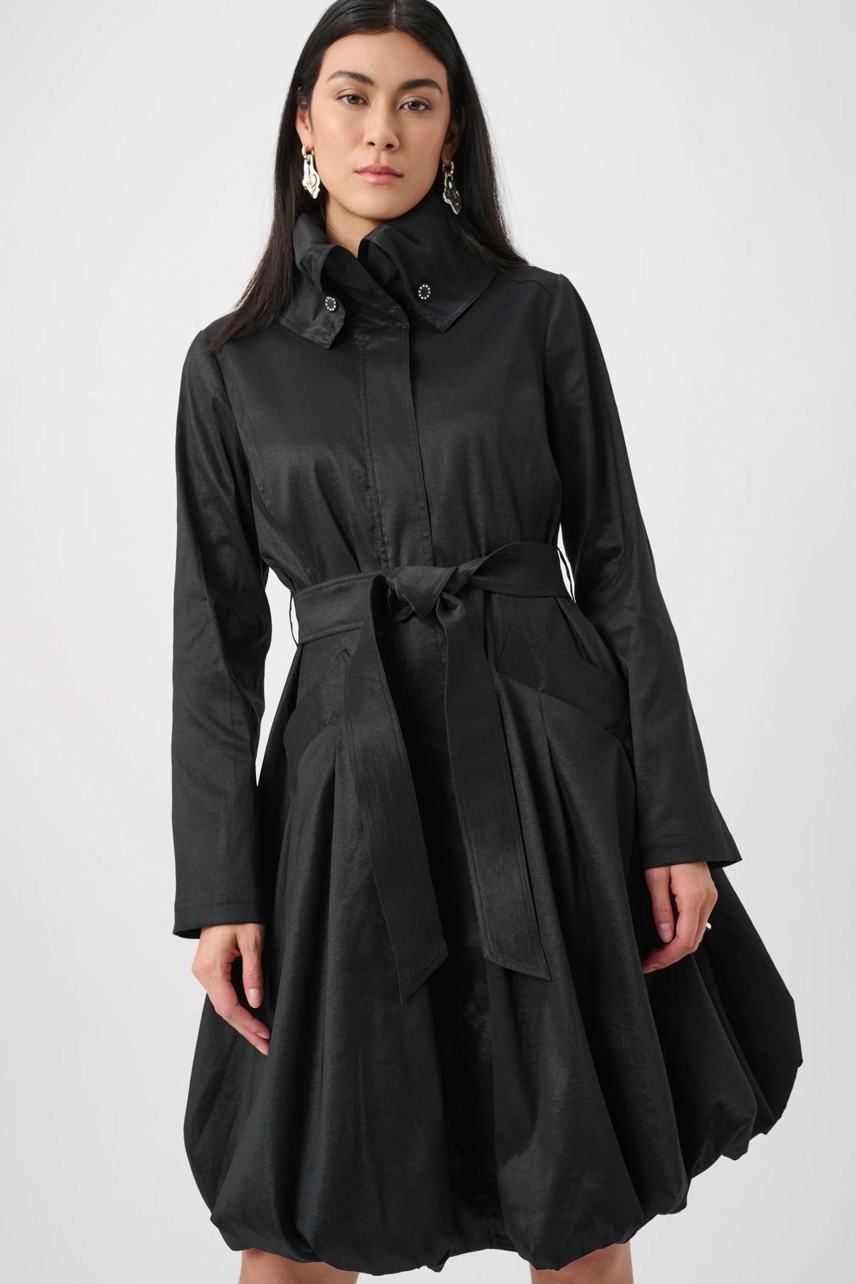 Full-length styled outfit featuring Joseph Ribkoff Stretch Taffeta Belted Fit & Flare Balloon Coat in Black, style 263911 closer 