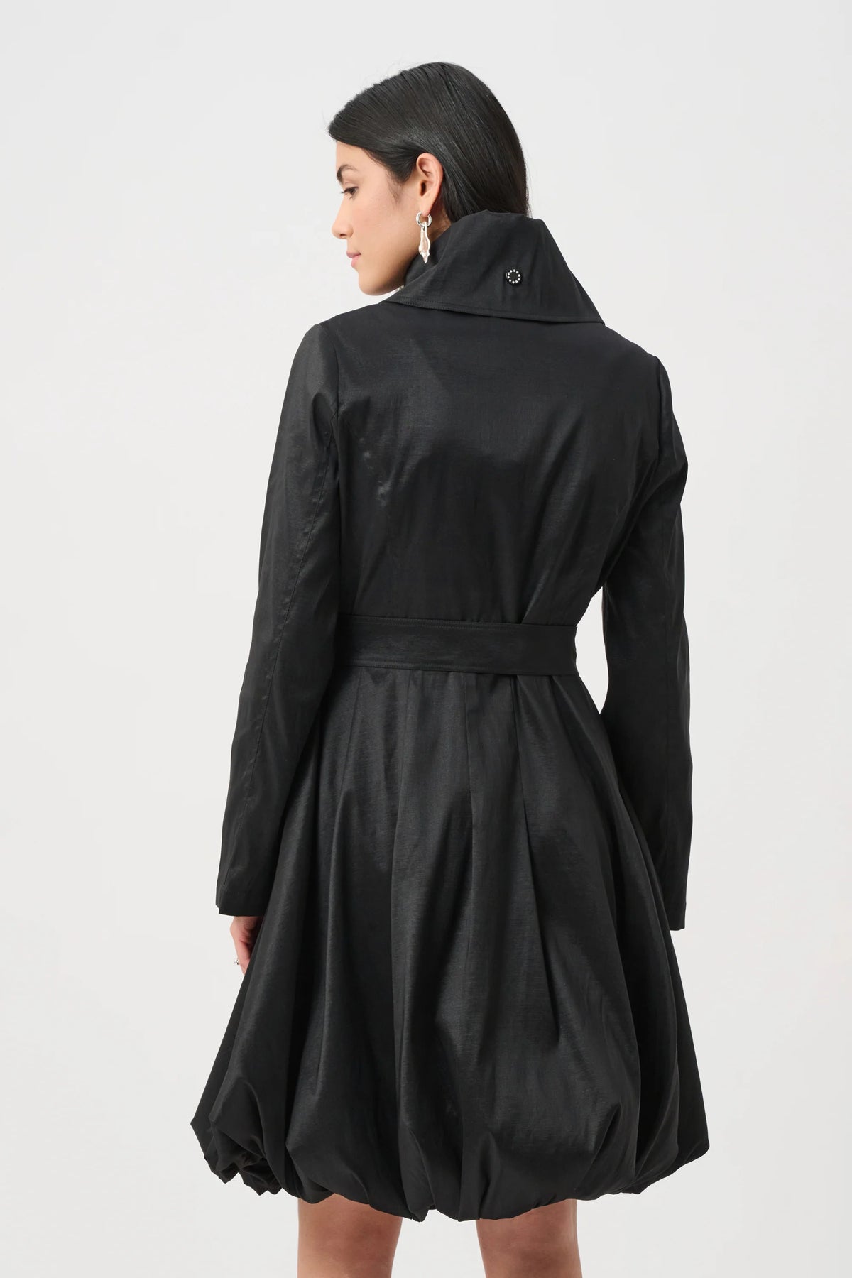 Joseph Ribkoff Stretch Taffeta Belted Fit & Flare Balloon Coat in Black, style 263911 back view