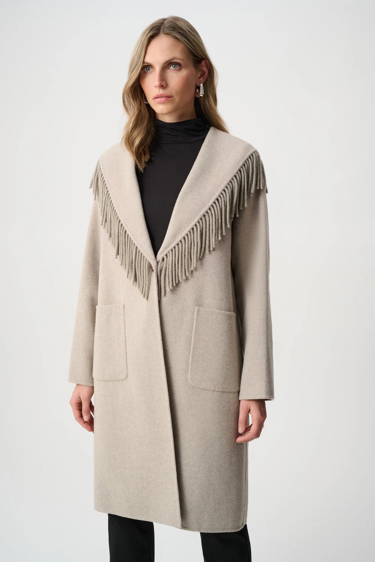 Joseph Ribkoff Wool Blend Fringed Coat in Oatmeal, style 263912 front view