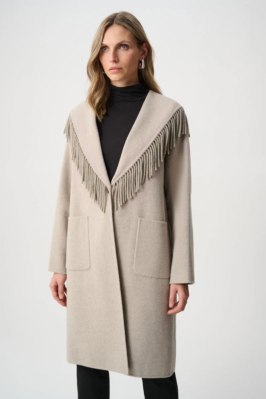 Joseph Ribkoff Wool Blend Fringed Coat in Oatmeal, style 263912 front view