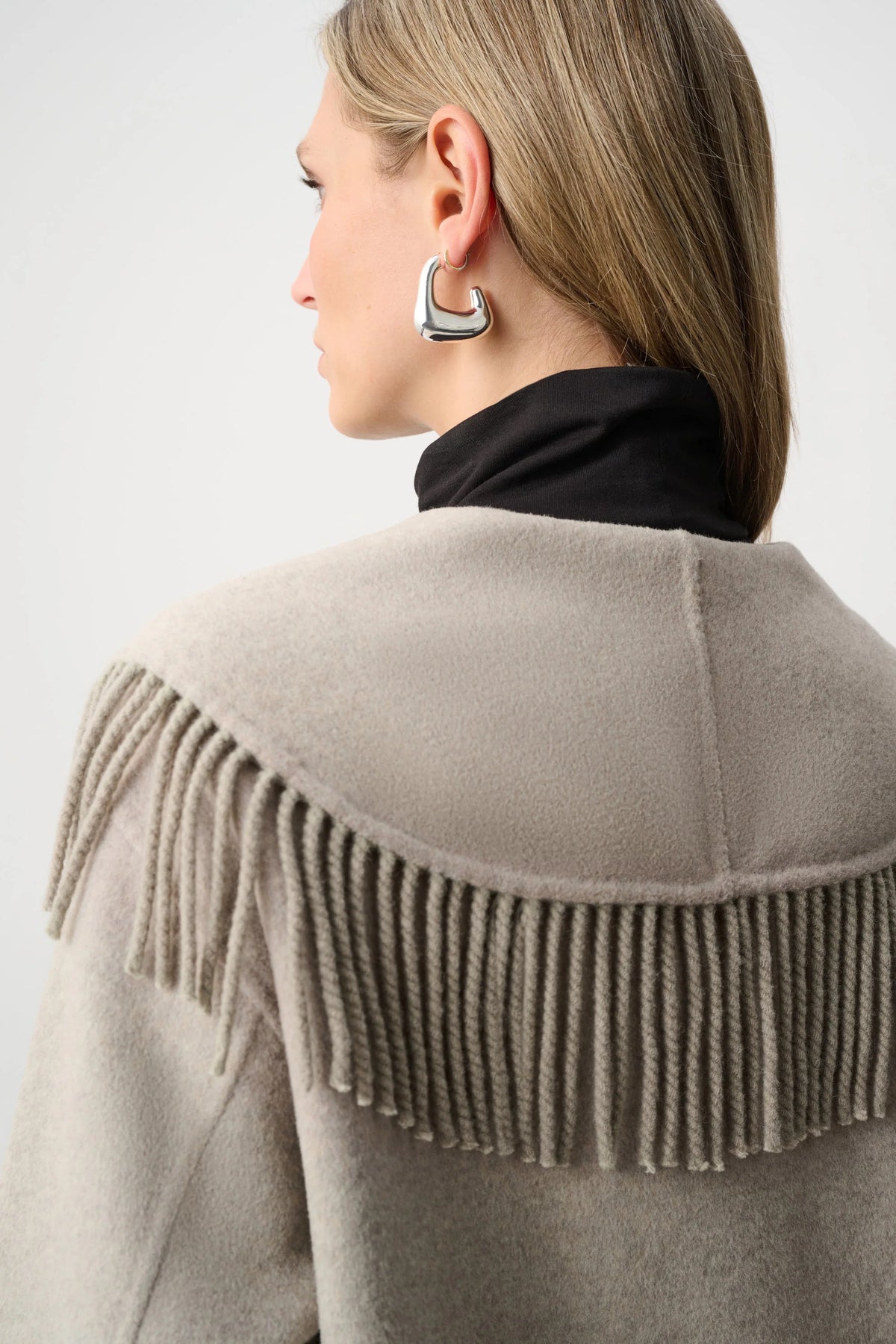 Joseph Ribkoff Wool Blend Fringed Coat in Oatmeal, style 263912 back view