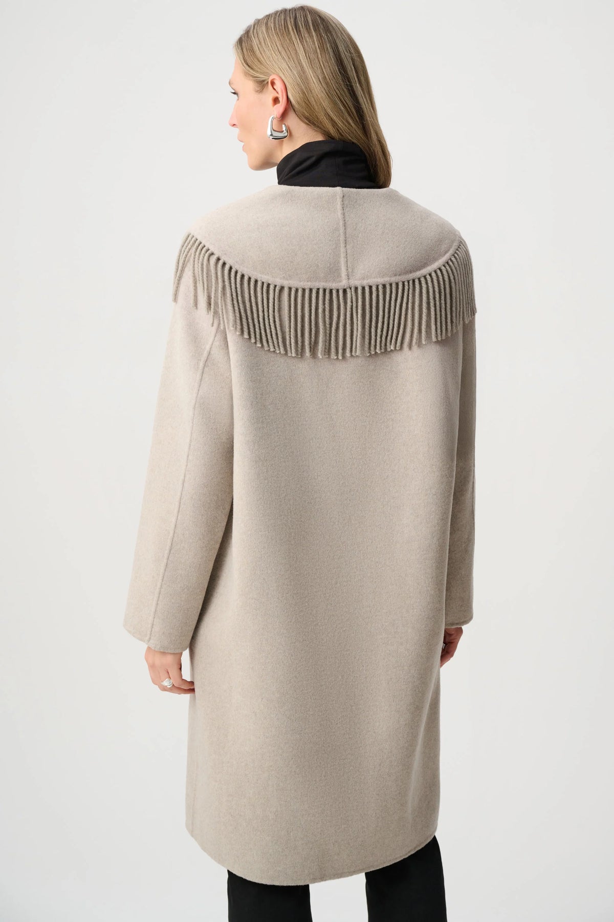 Joseph Ribkoff Wool Blend Fringed Coat in Oatmeal, style 263912 back view full