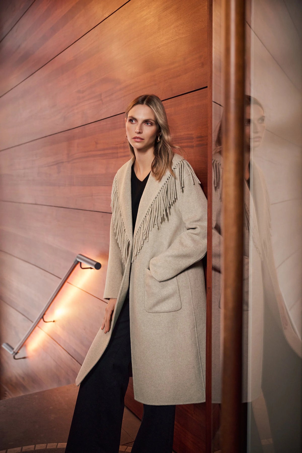 Full-length styled outfit featuring Joseph Ribkoff Wool Blend Fringed Coat in Oatmeal, style 263912