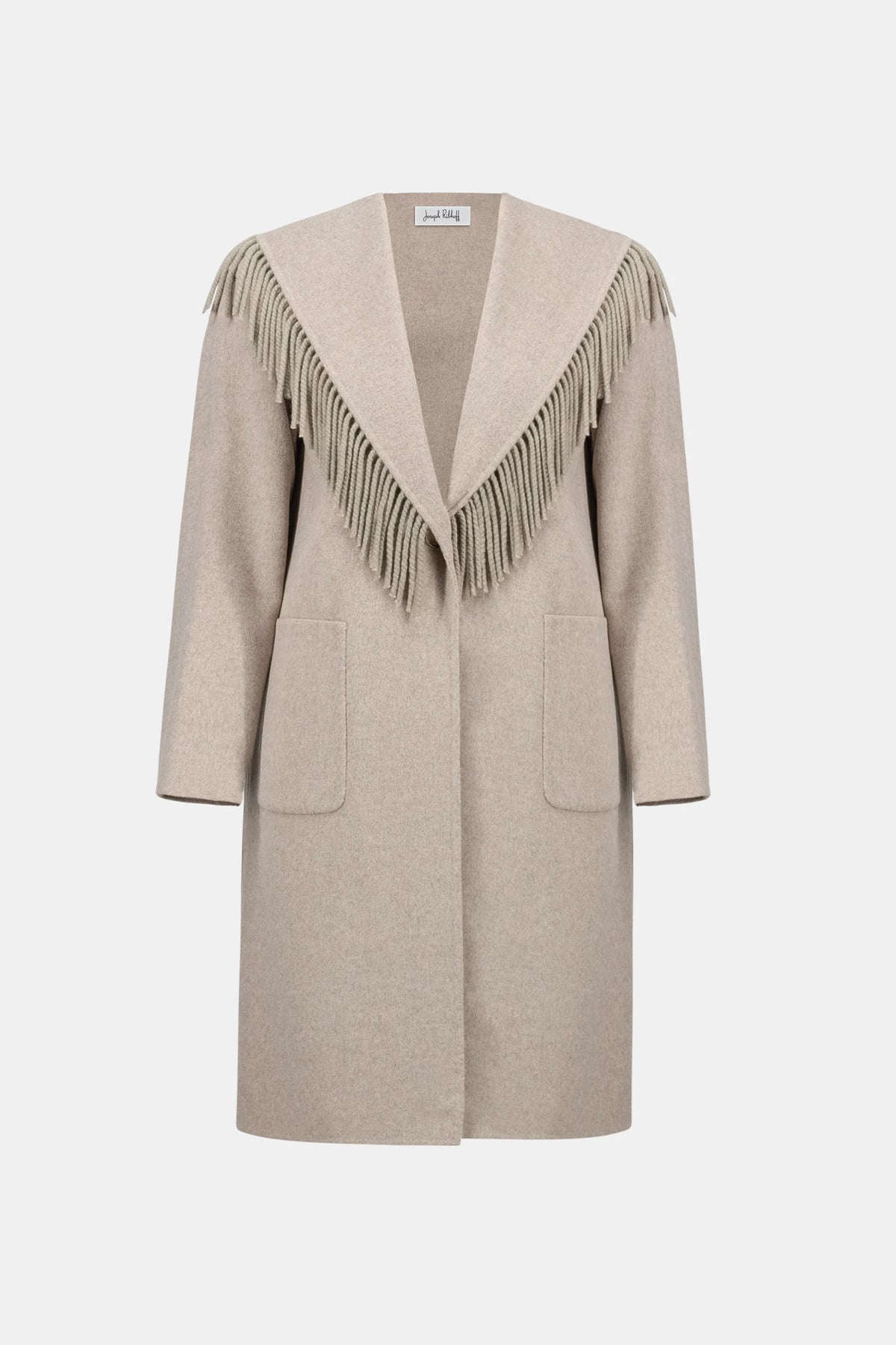Product-only view of Joseph Ribkoff Wool Blend Fringed Coat in Oatmeal, style 263912