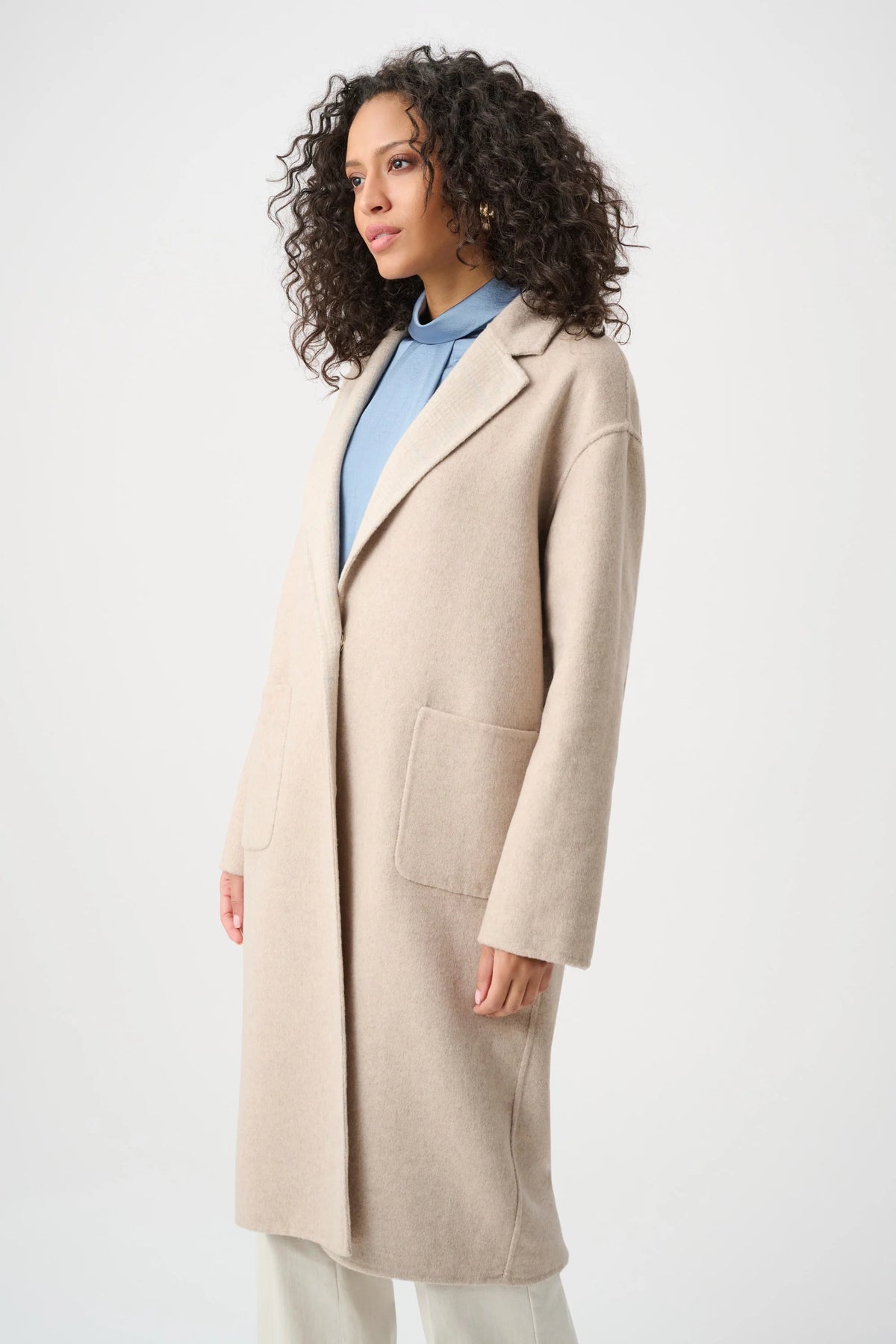 Joseph Ribkoff Wool Blend Plaid Reversible Coat in Oatmeal/Multi, style 263913 front view