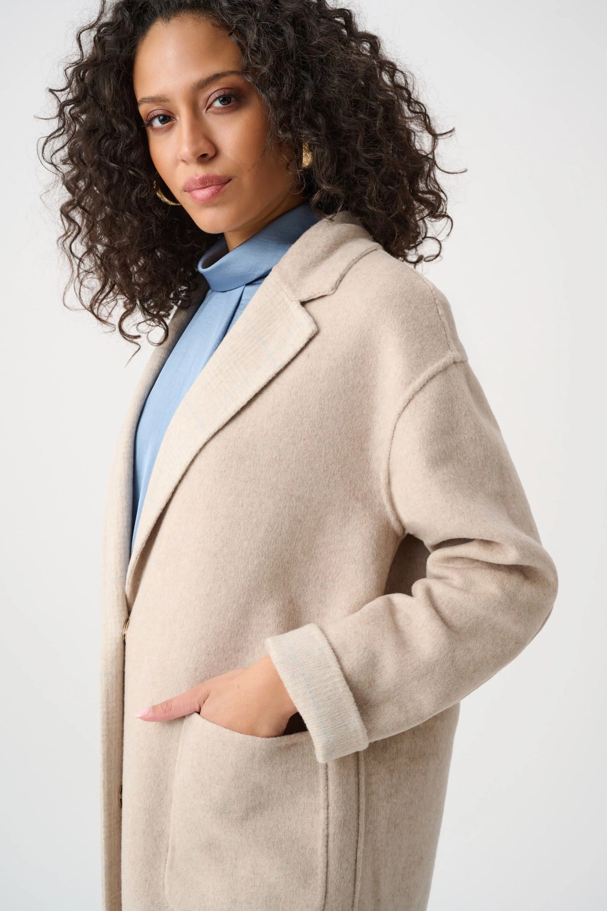Joseph Ribkoff Wool Blend Plaid Reversible Coat in Oatmeal/Multi, style 263913 three-quarter model view