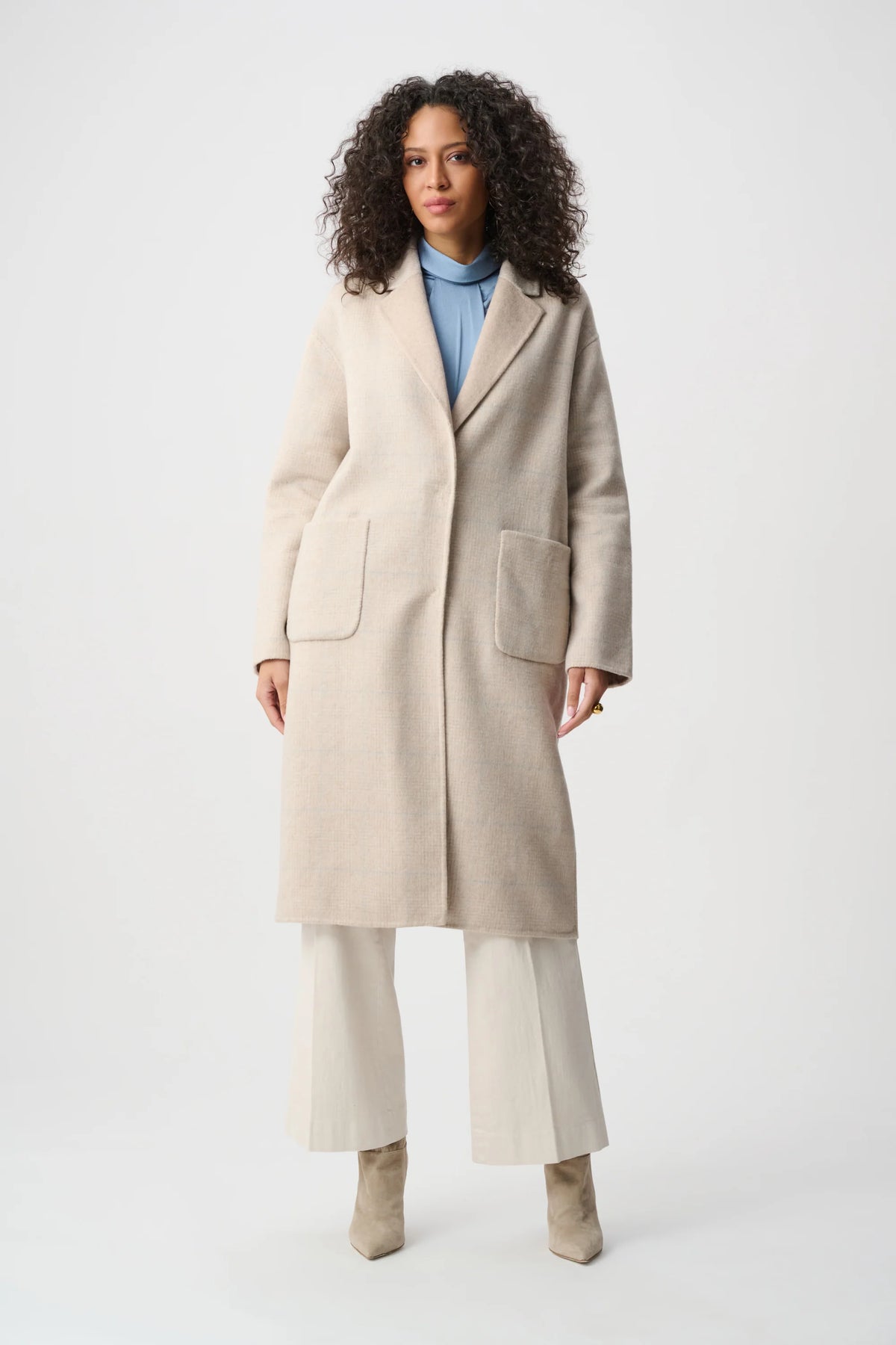 Full-length styled outfit featuring Joseph Ribkoff Wool Blend Plaid Reversible Coat in Oatmeal/Multi, style 263913