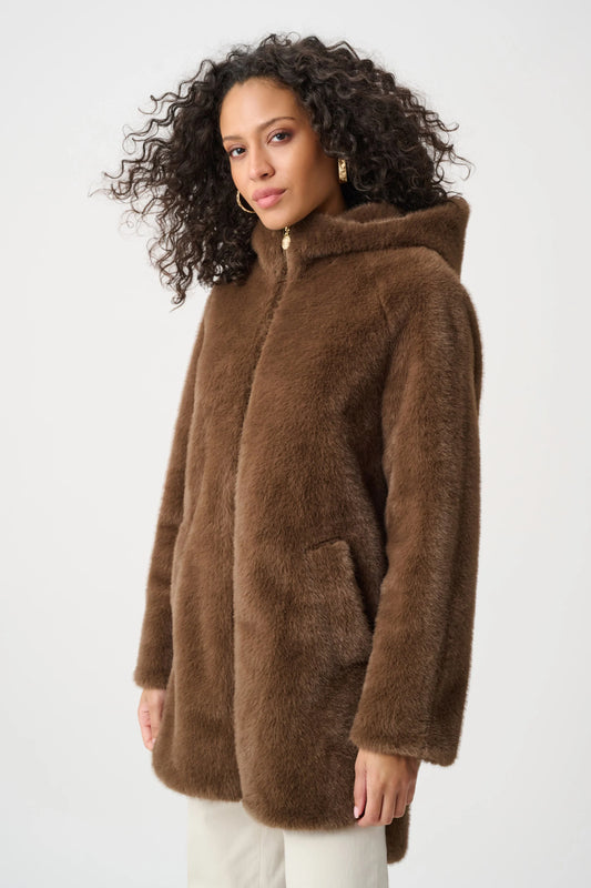 Joseph Ribkoff Faux Fur Hooded Coat in Dark Mink, style 263914 front view