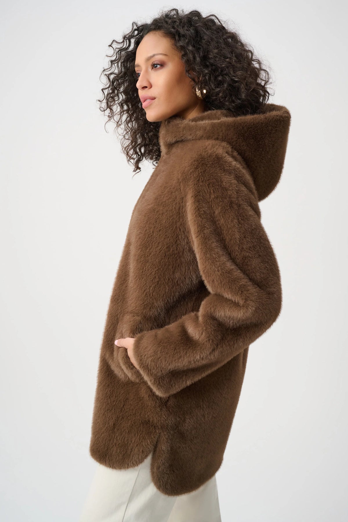 Joseph Ribkoff Faux Fur Hooded Coat in Dark Mink, style 263914 side view