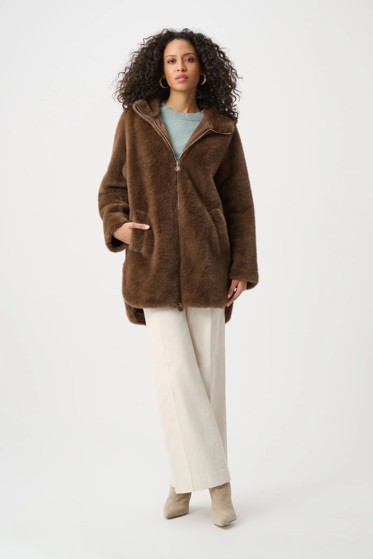 Full-length styled outfit featuring Joseph Ribkoff Faux Fur Hooded Coat in Dark Mink, style 263914