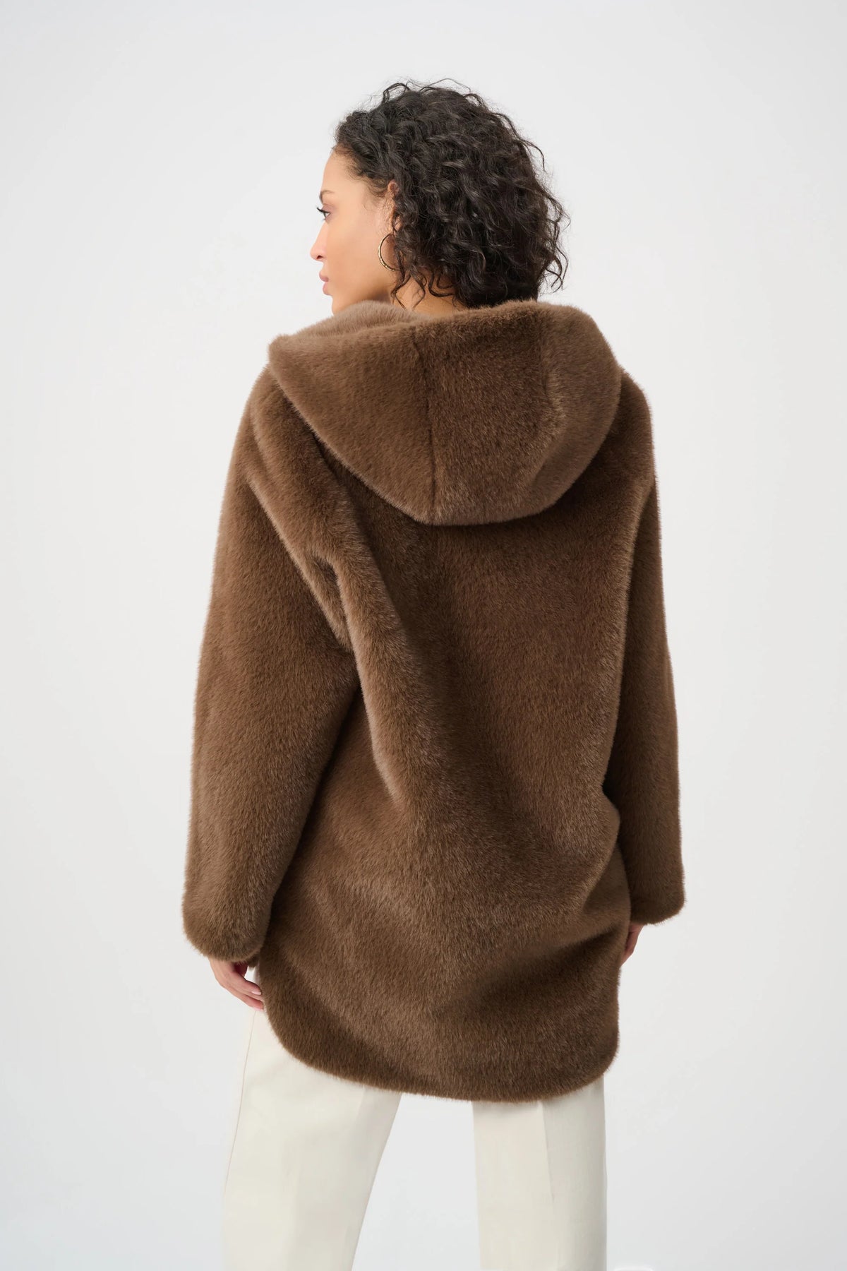 Joseph Ribkoff Faux Fur Hooded Coat in Dark Mink, style 263914 back view