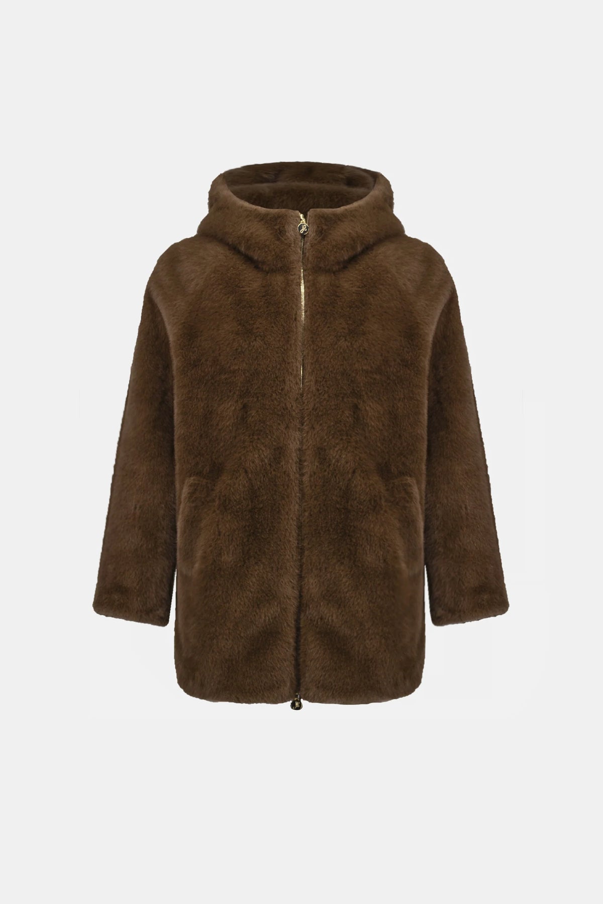 Product-only view of Joseph Ribkoff Faux Fur Hooded Coat in Dark Mink, style 263914