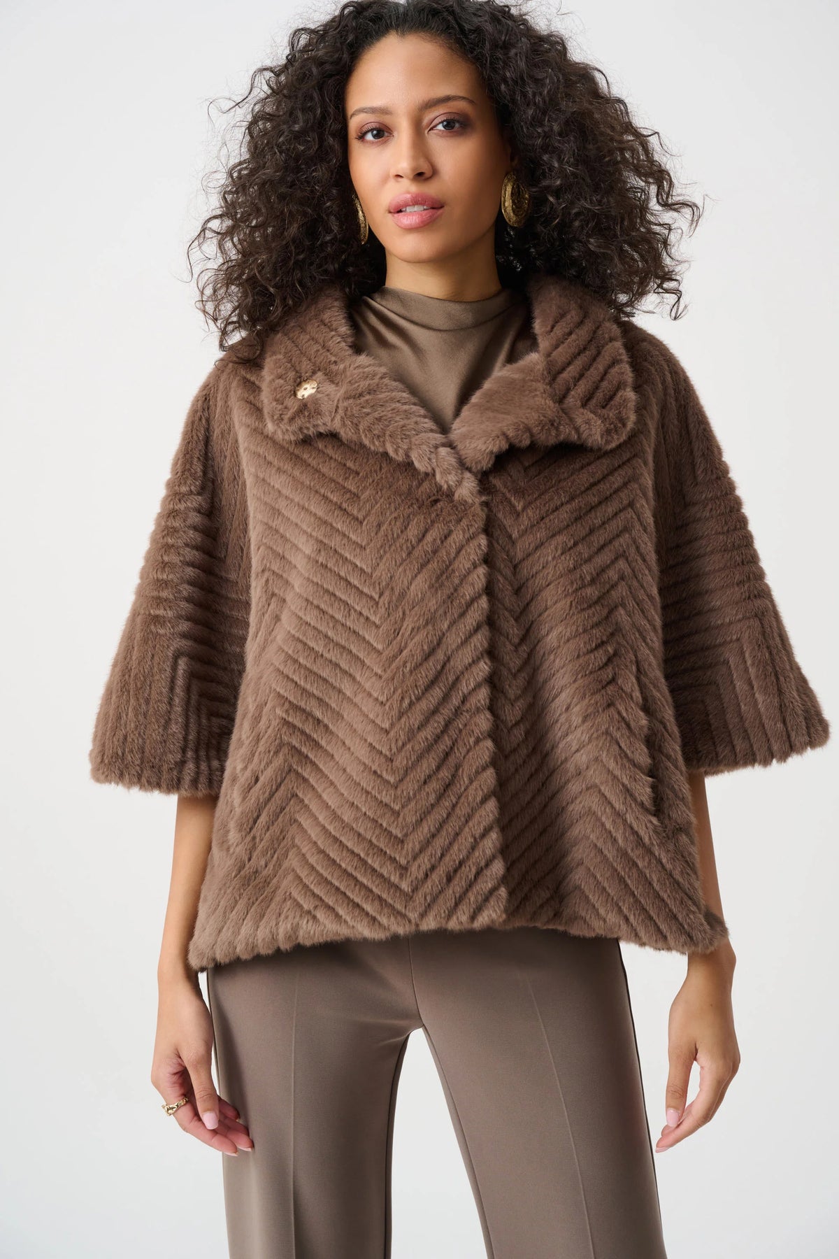 Joseph Ribkoff Chevron Faux-Fur Cape-Style Jacket in Mink, style 263917 shown from the front