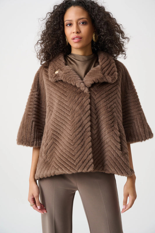 Joseph Ribkoff Chevron Faux-Fur Cape-Style Jacket in Mink, style 263917 shown from the front