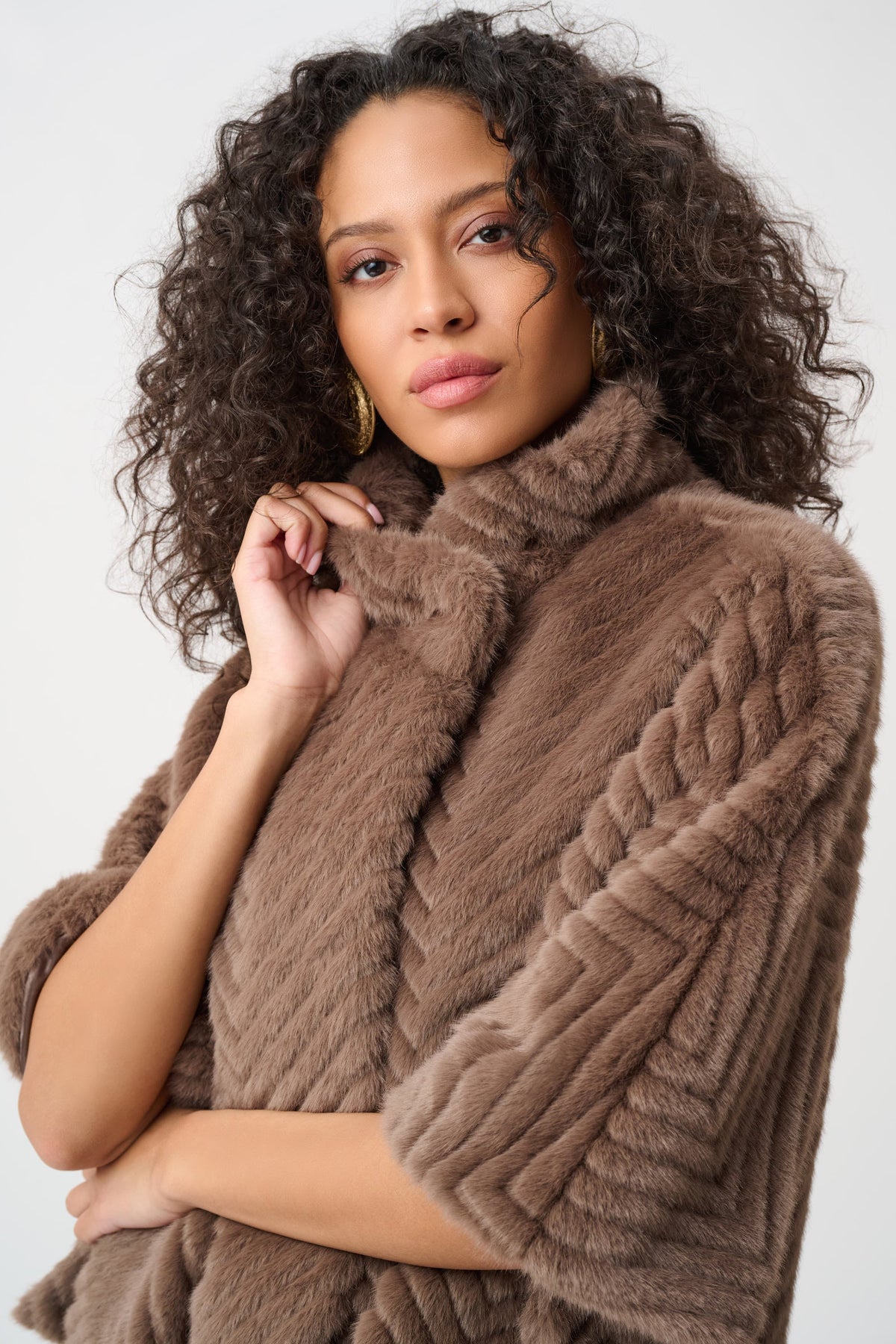 Joseph Ribkoff Chevron Faux-Fur Cape-Style Jacket in Mink, style 263917 shown at a three-quarter angle
