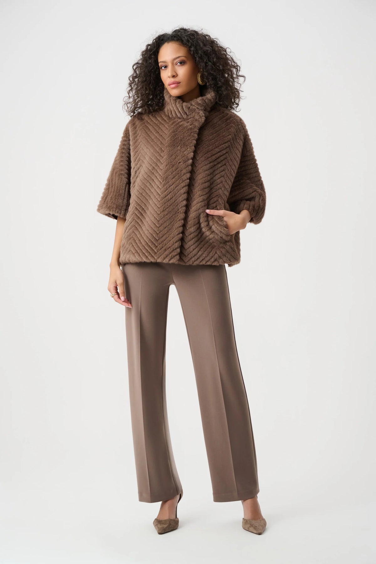 Full styled view featuring Joseph Ribkoff Chevron Faux-Fur Cape-Style Jacket in Mink, style 263917