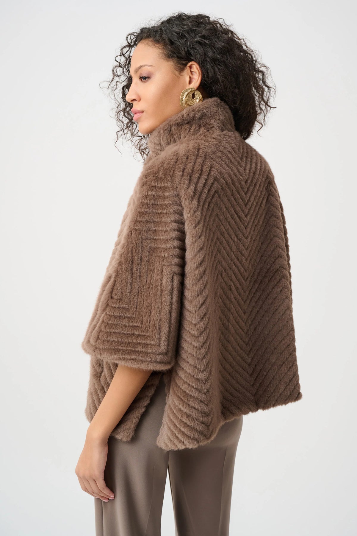 Joseph Ribkoff Chevron Faux-Fur Cape-Style Jacket in Mink, style 263917 shown from the back