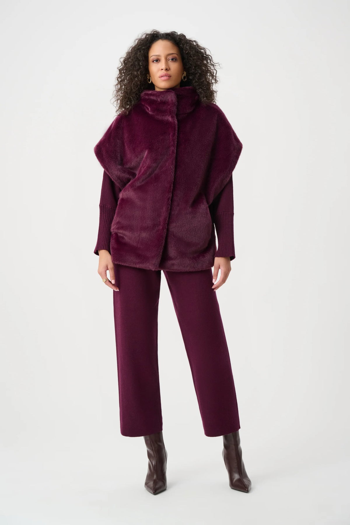 Full styled view featuring Joseph Ribkoff Faux Fur Funnel Neck Boxy Vest in Elderberry, style 263918