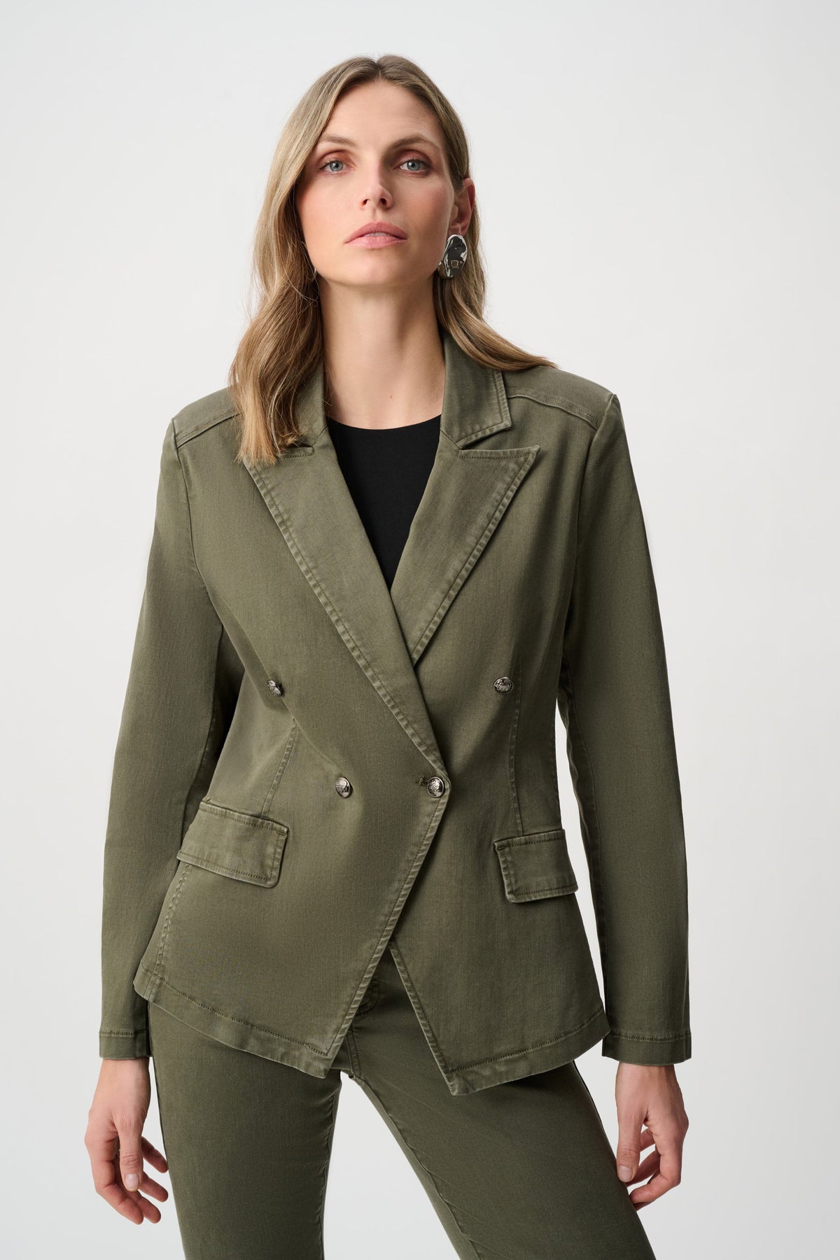 Joseph Ribkoff Featherweave Double-Breasted Blazer in Avocado, style 263921 front view