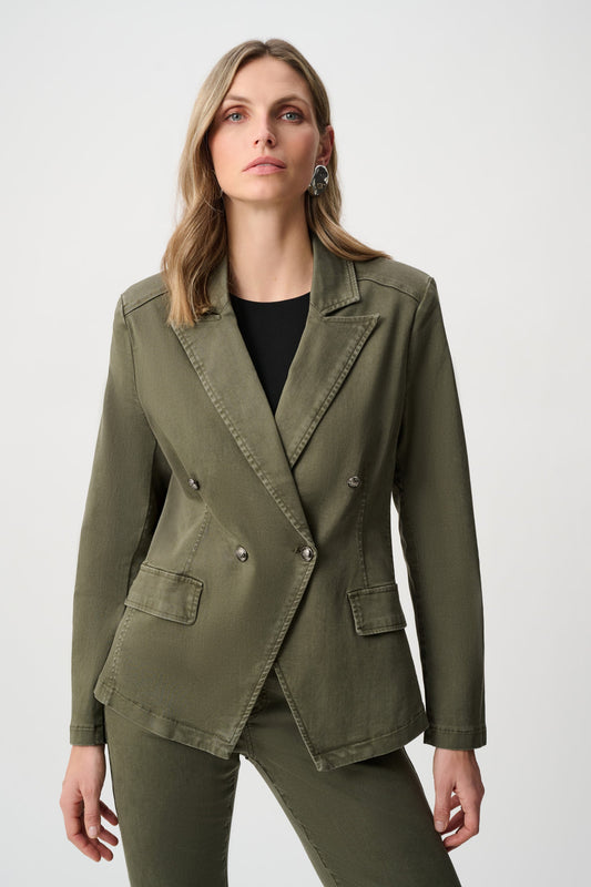 Joseph Ribkoff Featherweave Double-Breasted Blazer in Avocado, style 263921 front view