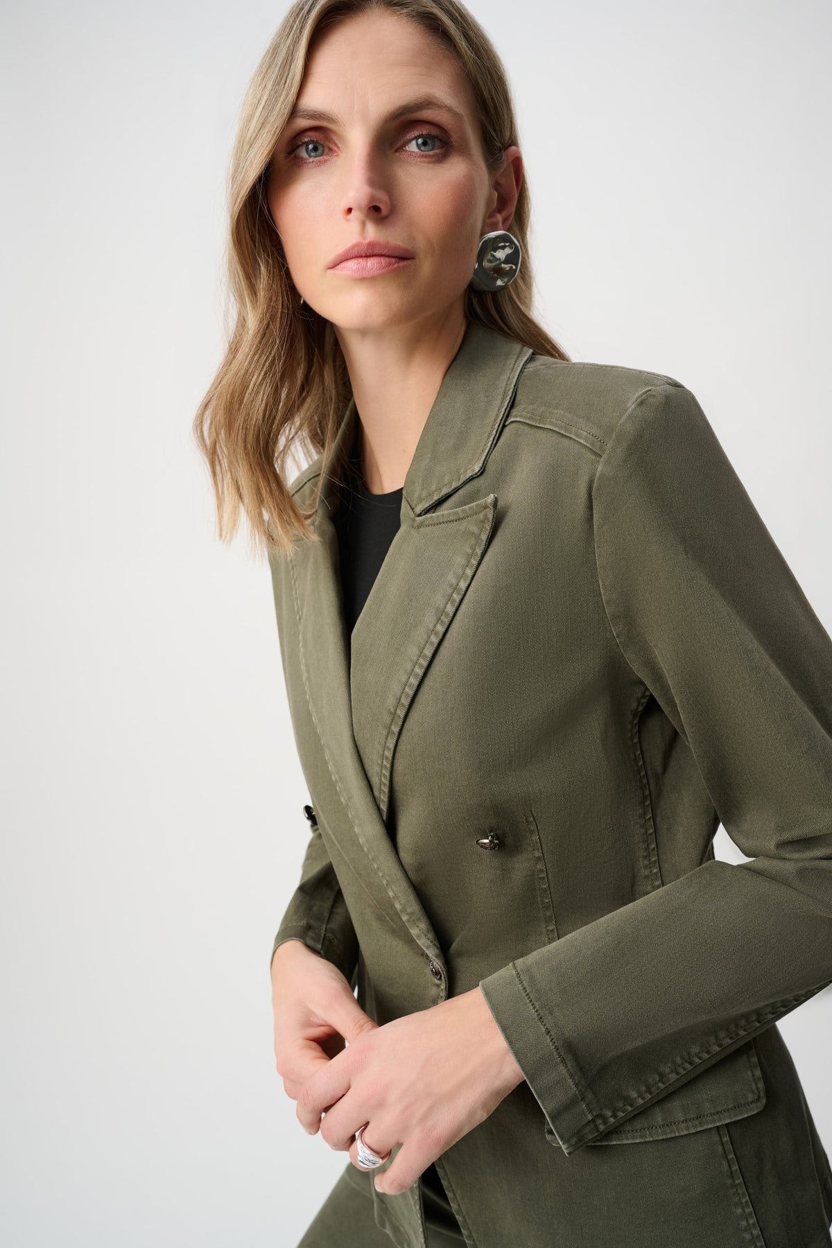 Joseph Ribkoff Featherweave Double-Breasted Blazer in Avocado, style 263921 three-quarter model view