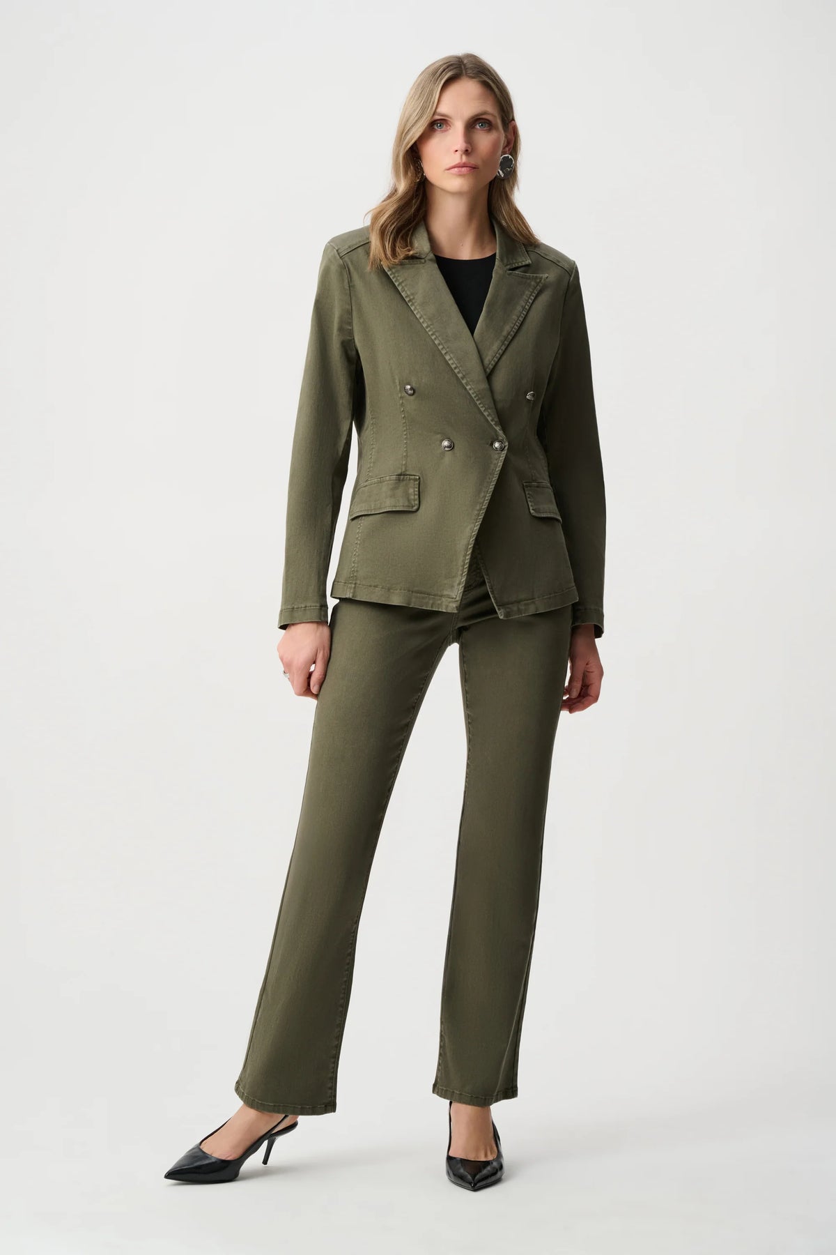 Full-length styled outfit featuring Joseph Ribkoff Featherweave Double-Breasted Blazer in Avocado, style 263921