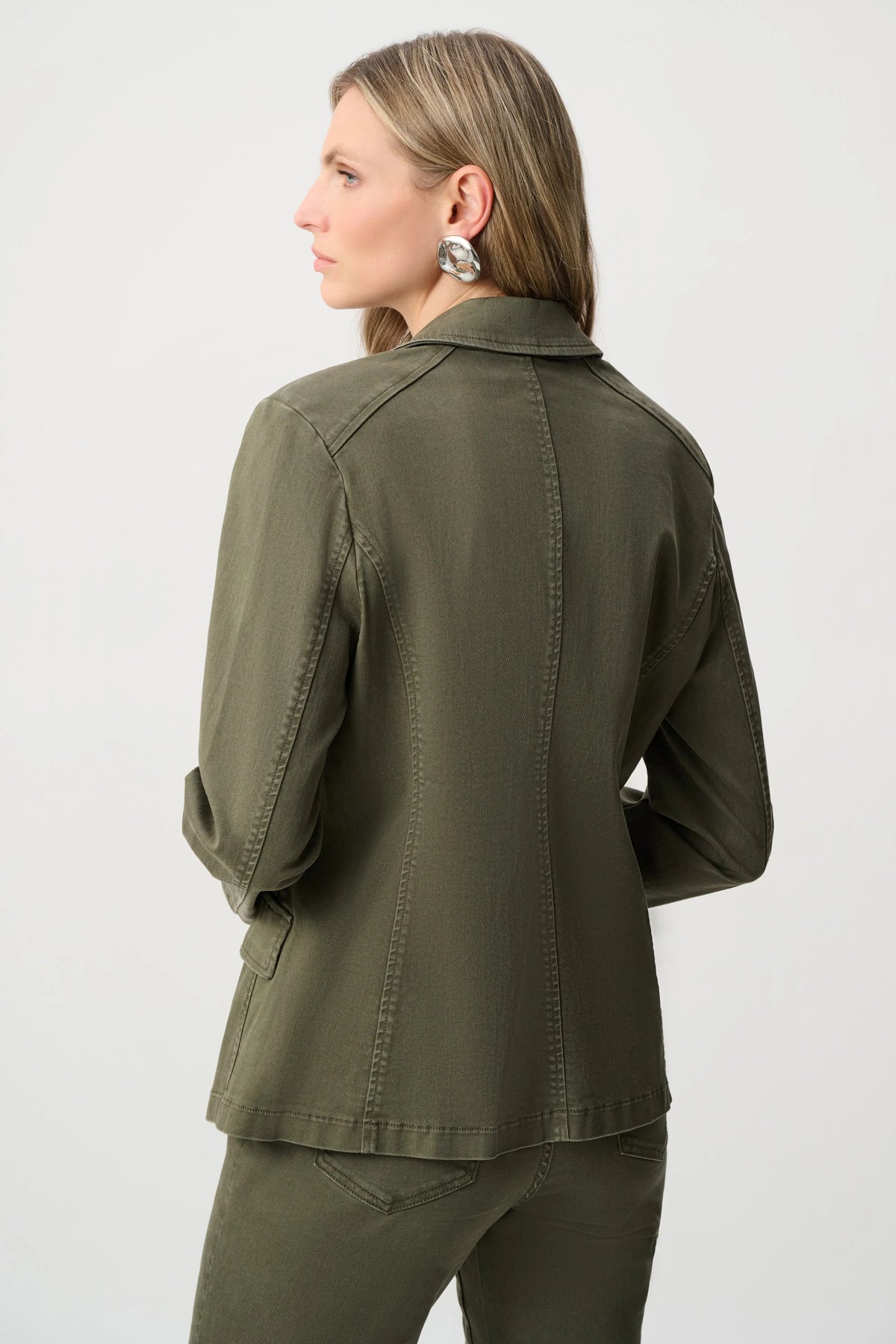 Joseph Ribkoff Featherweave Double-Breasted Blazer in Avocado, style 263921 back view
