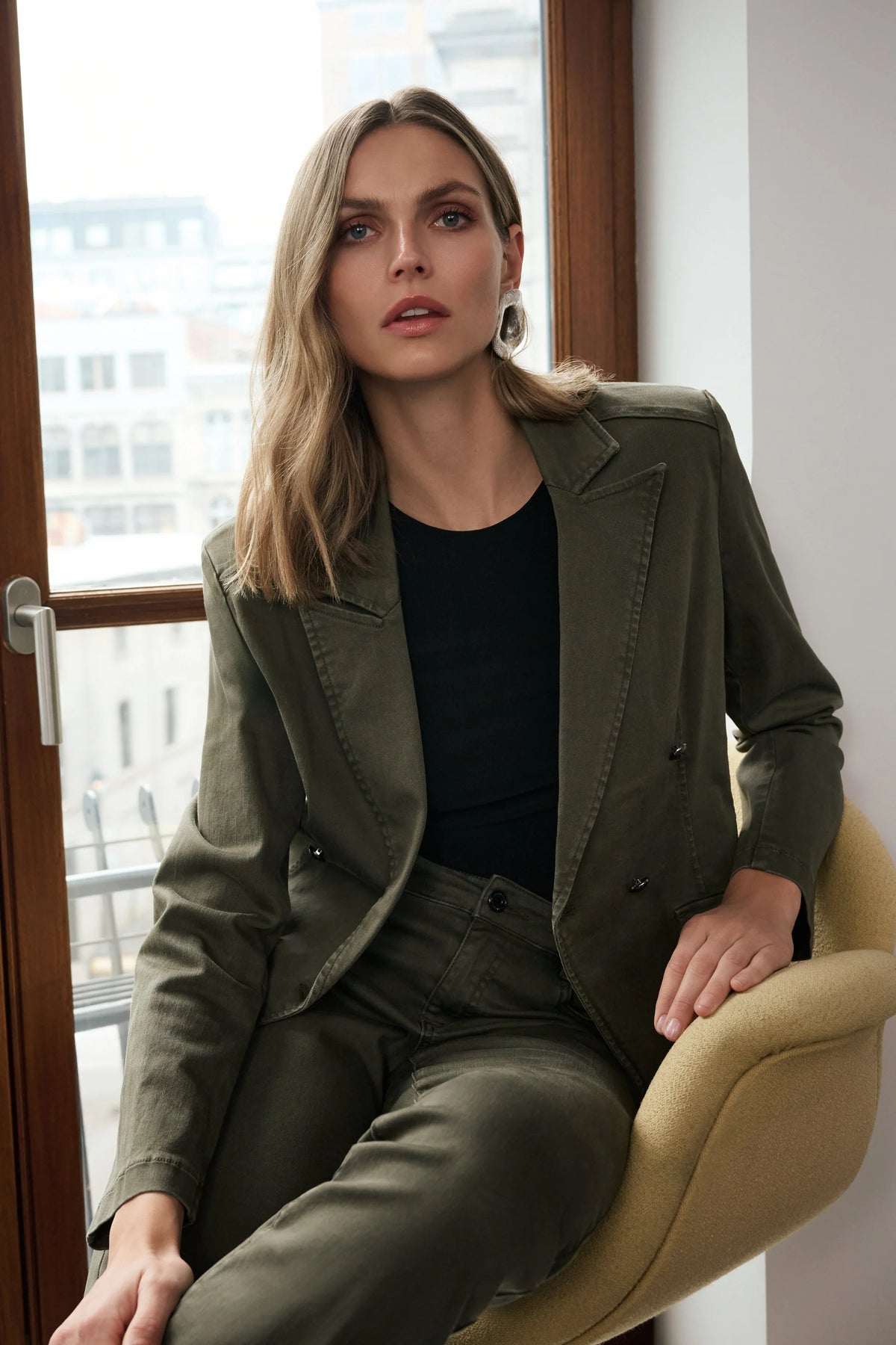 Close-up of fabric texture and trim on Joseph Ribkoff Featherweave Double-Breasted Blazer in Avocado, style 263921