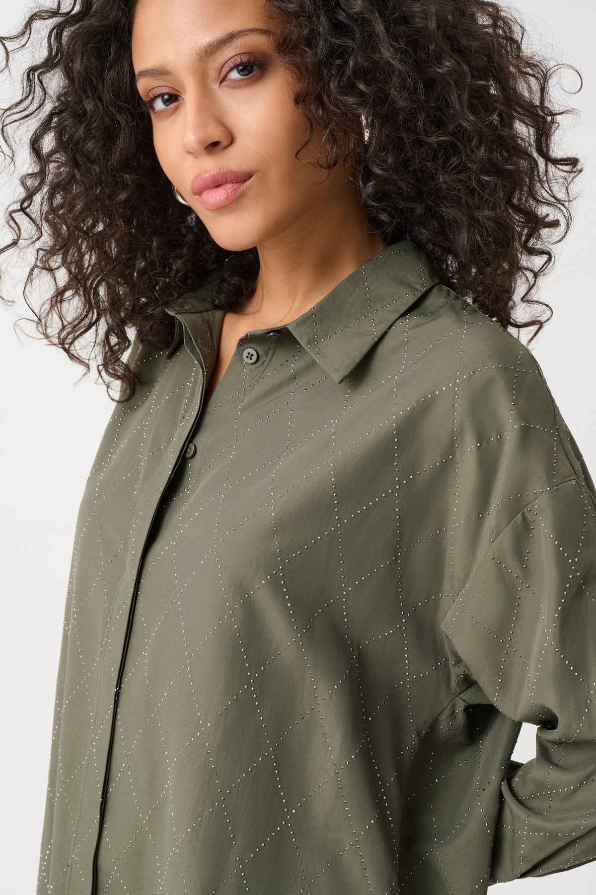 Joseph Ribkoff Embroidered Hip-Length Shirt in Avocado, style 263922 front view