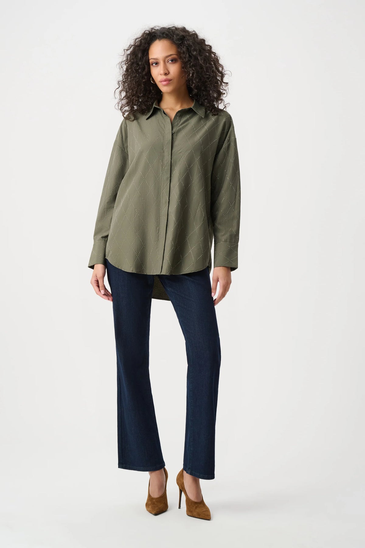 Styled outfit view featuring Joseph Ribkoff Embroidered Hip-Length Shirt in Avocado, style 263922