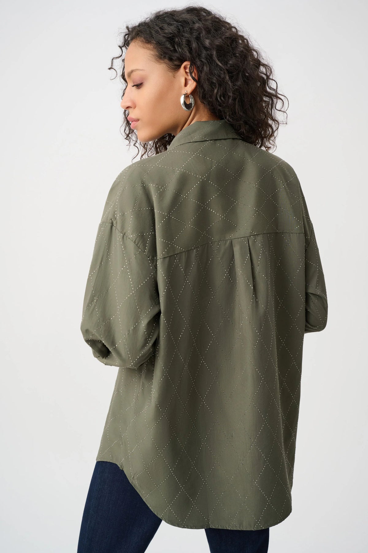 Joseph Ribkoff Embroidered Hip-Length Shirt in Avocado, style 263922 back view