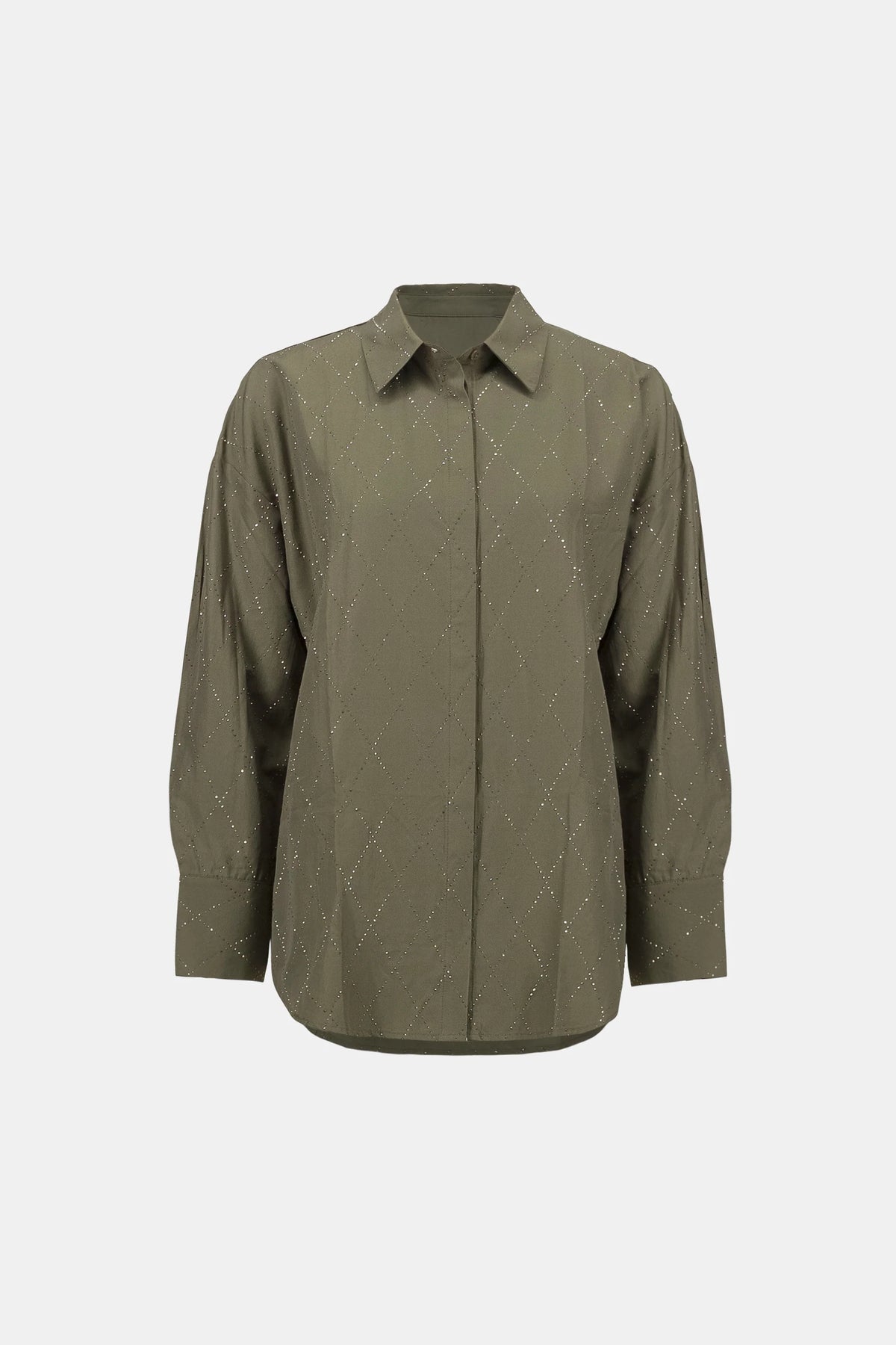 Product-only view of Joseph Ribkoff Embroidered Hip-Length Shirt in Avocado, style 263922