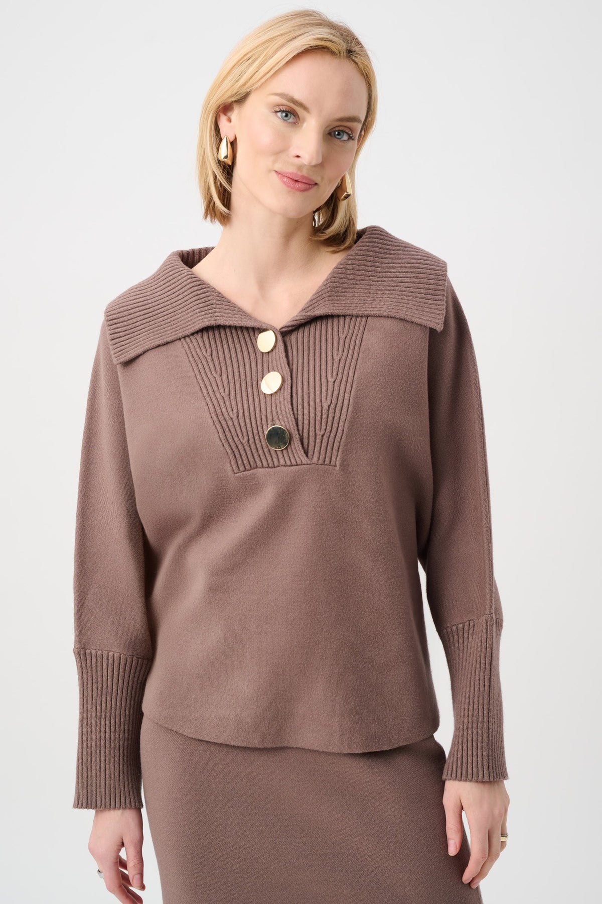 Joseph Ribkoff Button-Embellished Shawl-Neck Sweater in Mink, style 263938 shown from the front
