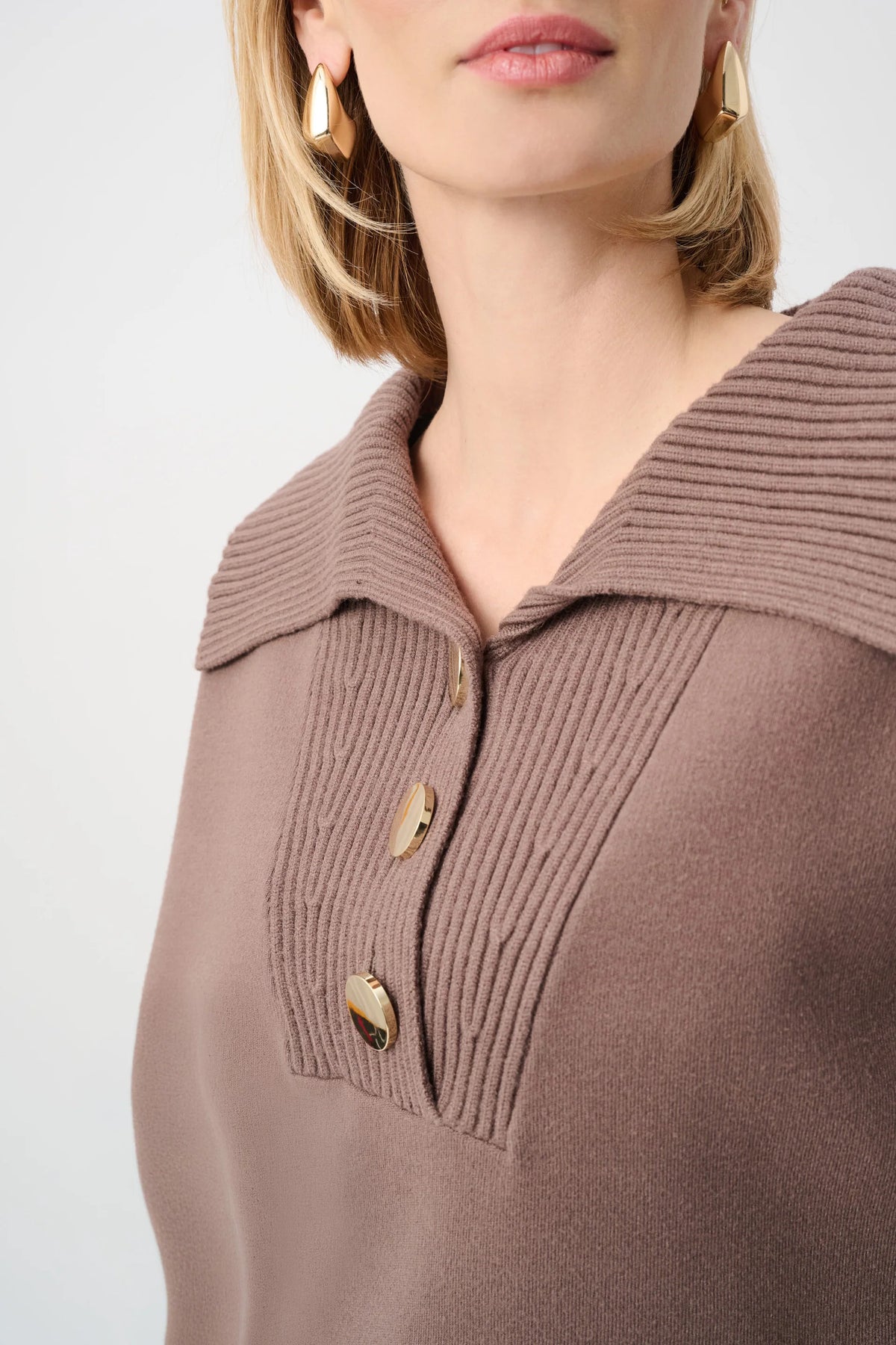 Close-up of neckline and upper-body details on Joseph Ribkoff Button-Embellished Shawl-Neck Sweater in Mink, style 263938
