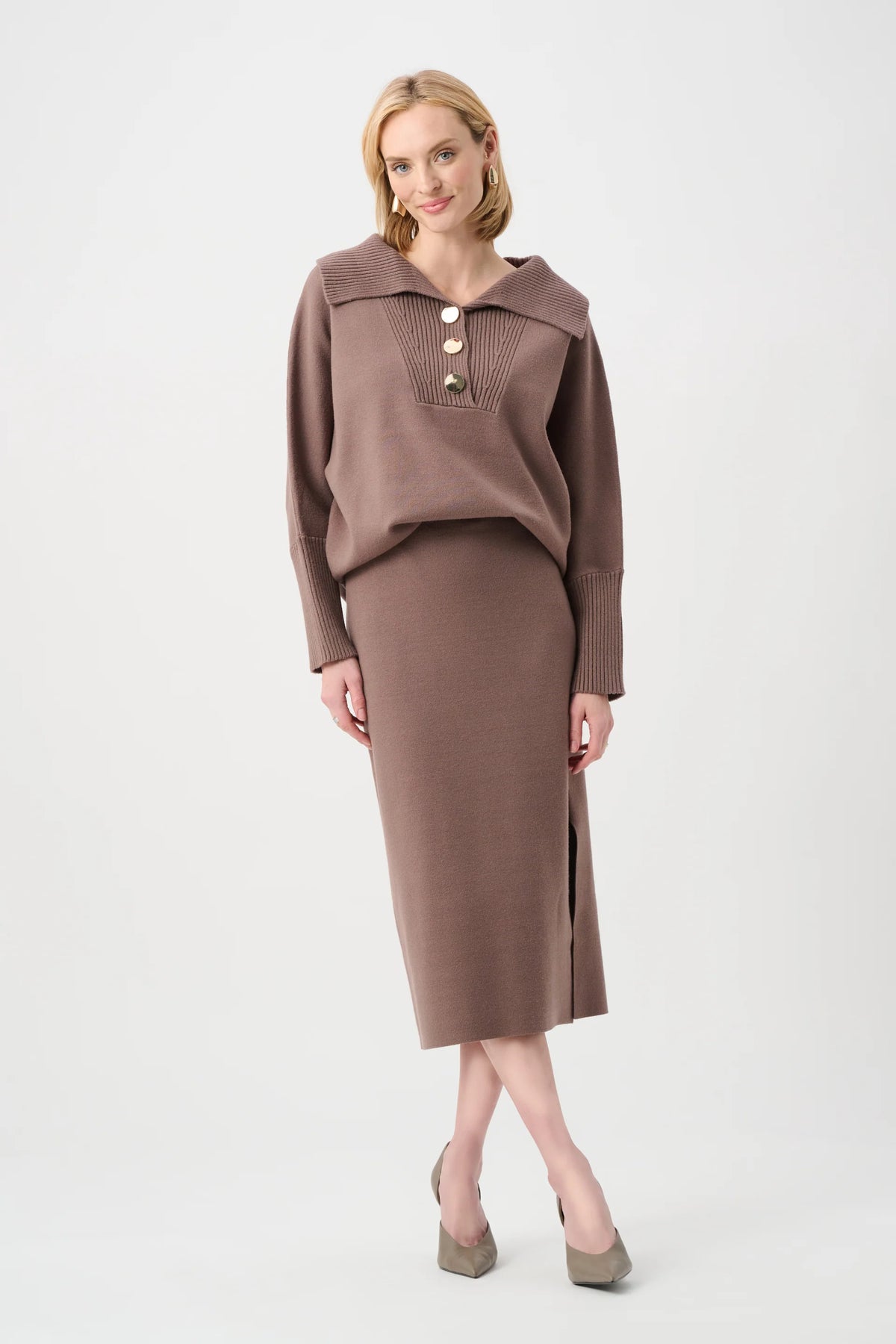 Full styled view featuring Joseph Ribkoff Button-Embellished Shawl-Neck Sweater in Mink, style 263938
