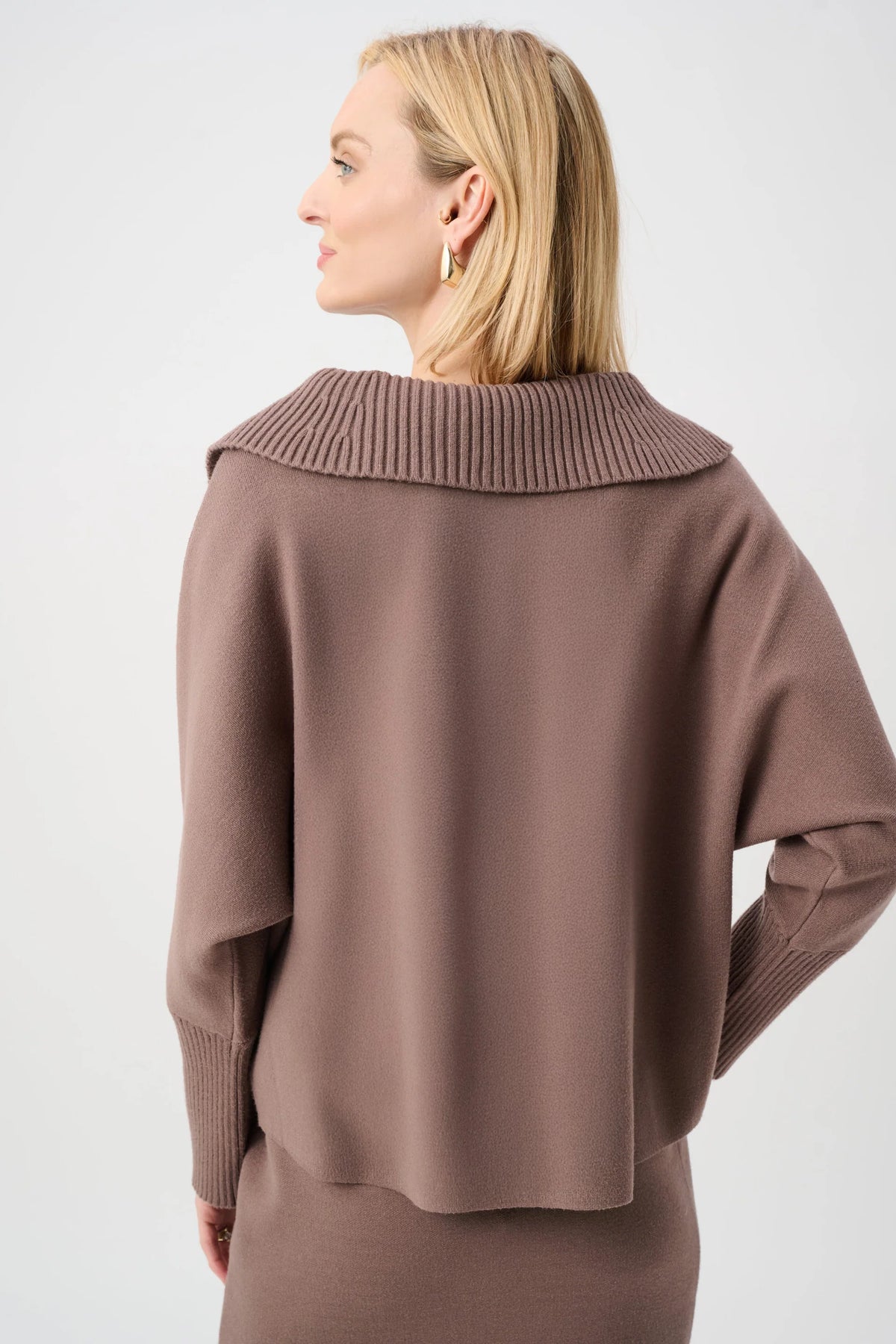 Joseph Ribkoff Button-Embellished Shawl-Neck Sweater in Mink, style 263938 shown from the back