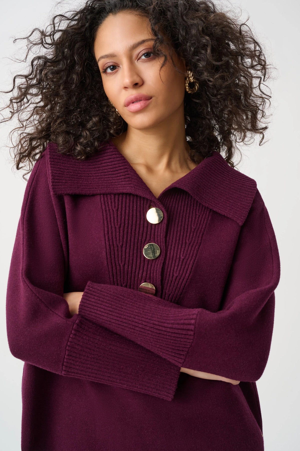 Joseph Ribkoff Button-Embellished Shawl-Neck Sweater in Elderberry, style 263938 shown from the front
