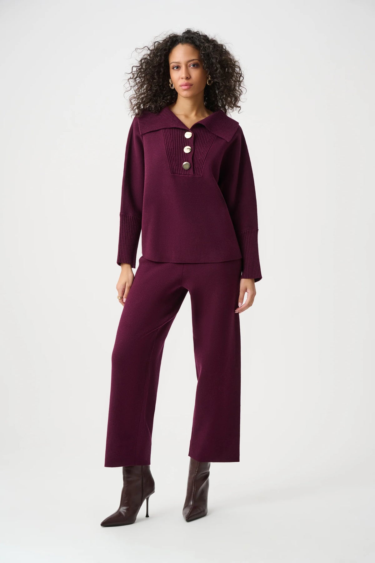 Full styled view featuring Joseph Ribkoff Button-Embellished Shawl-Neck Sweater in Elderberry, style 263938I