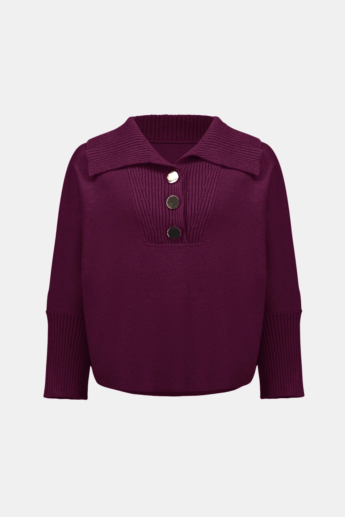 Full styled view featuring Joseph Ribkoff Button-Embellished Shawl-Neck Sweater in Elderberry, style 26393