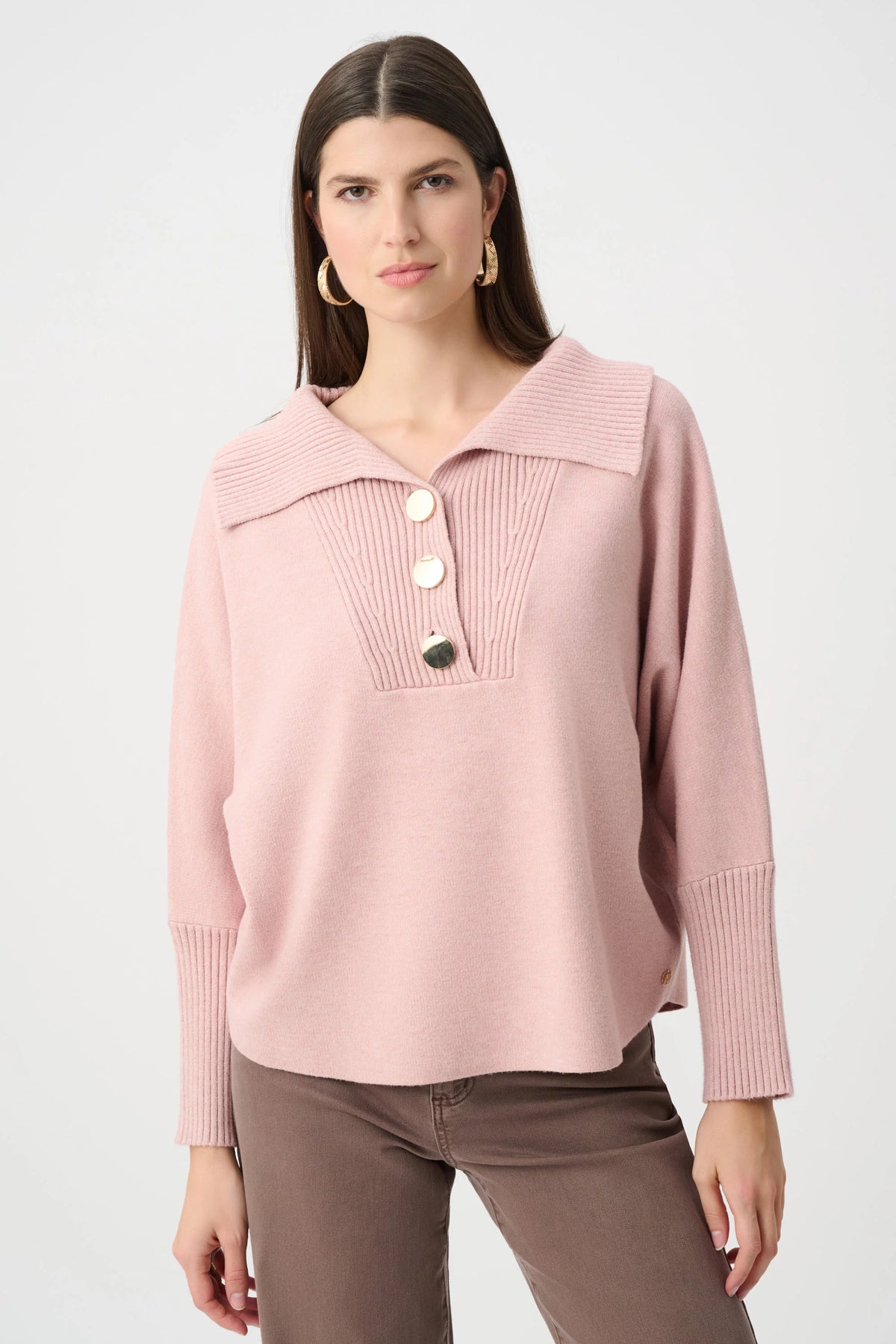 Joseph Ribkoff Button-Embellished Shawl-Neck Sweater in blush  style 263938 shown from the back